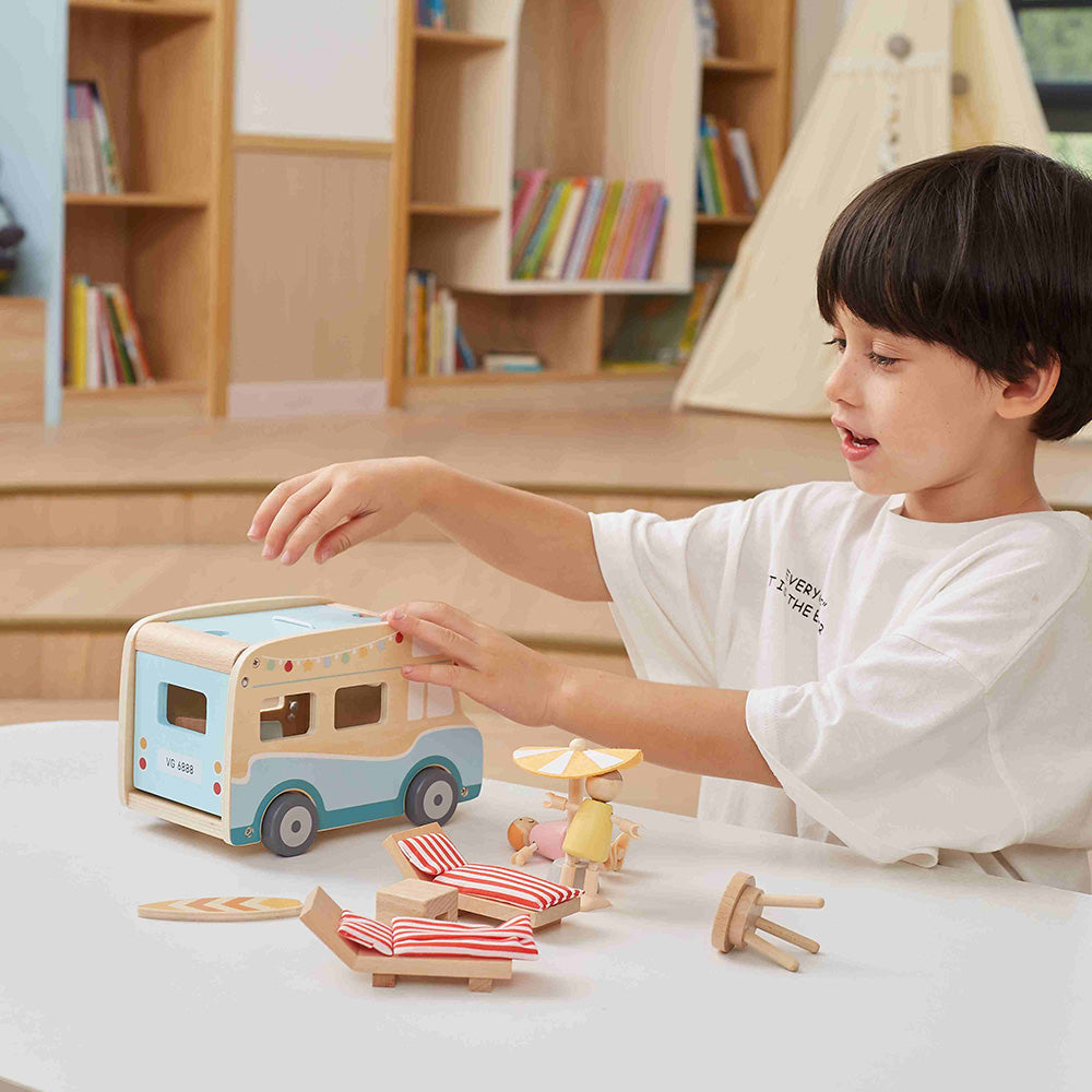 Viga Wooden Beach Camper Van Playset - 11-Piece Deluxe Summer Road Trip Set