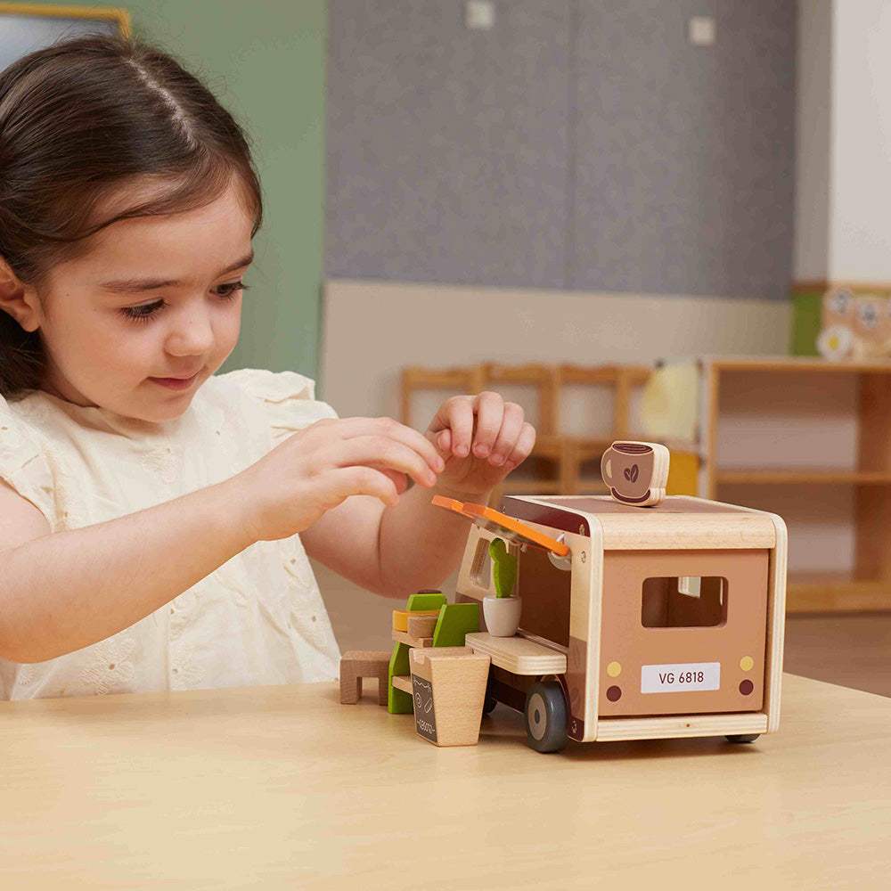 Viga Wooden Mobile Coffee Van Playset - 10-Piece Barista Role Play Cafe Set
