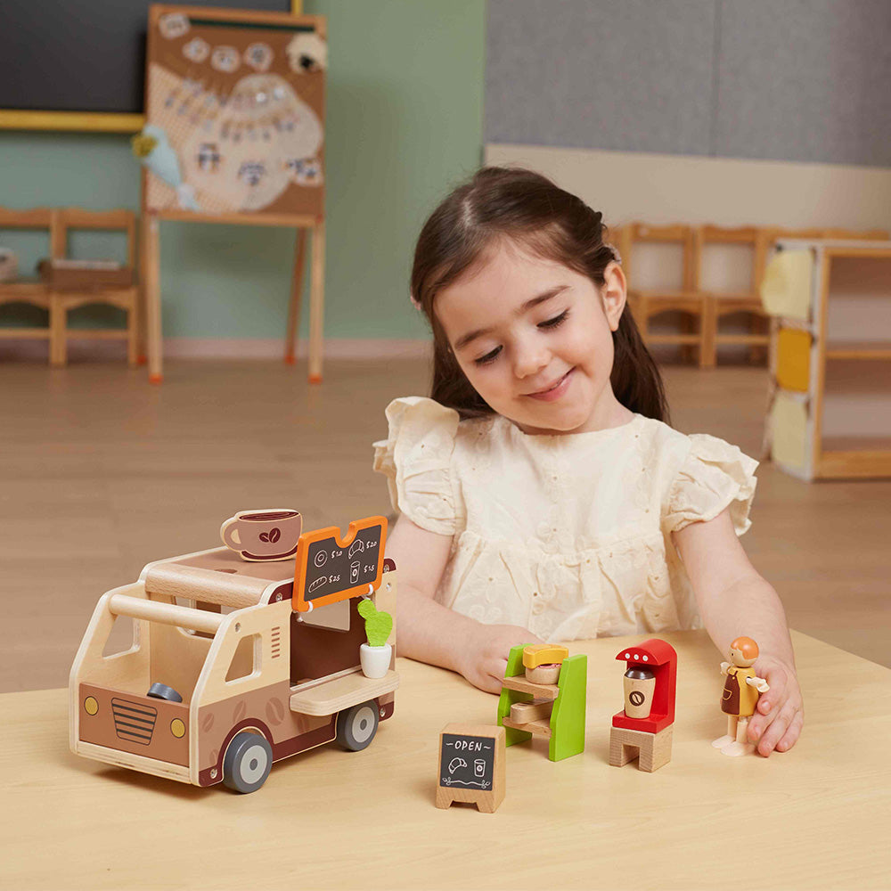 Viga Wooden Mobile Coffee Van Playset - 10-Piece Barista Role Play Cafe Set