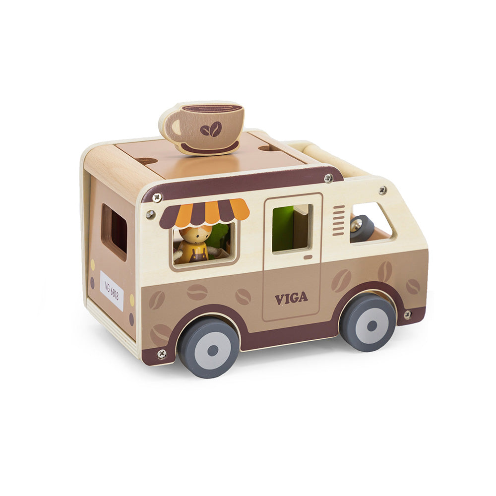 Viga Wooden Mobile Coffee Van Playset - 10-Piece Barista Role Play Cafe Set