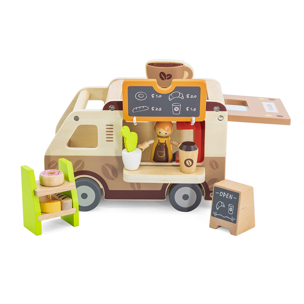 Viga Wooden Mobile Coffee Van Playset - 10-Piece Barista Role Play Cafe Set