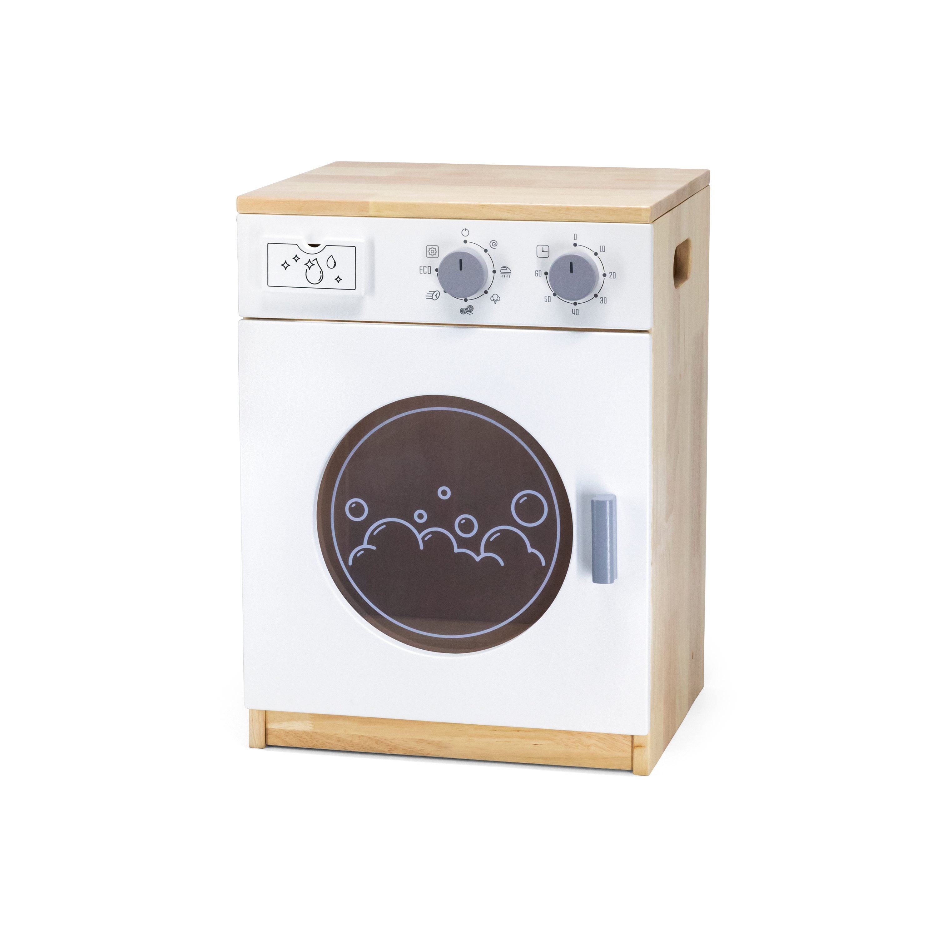 Viga Modern White Wooden Play Washing Machine - Rubberwood Unit with Detergent