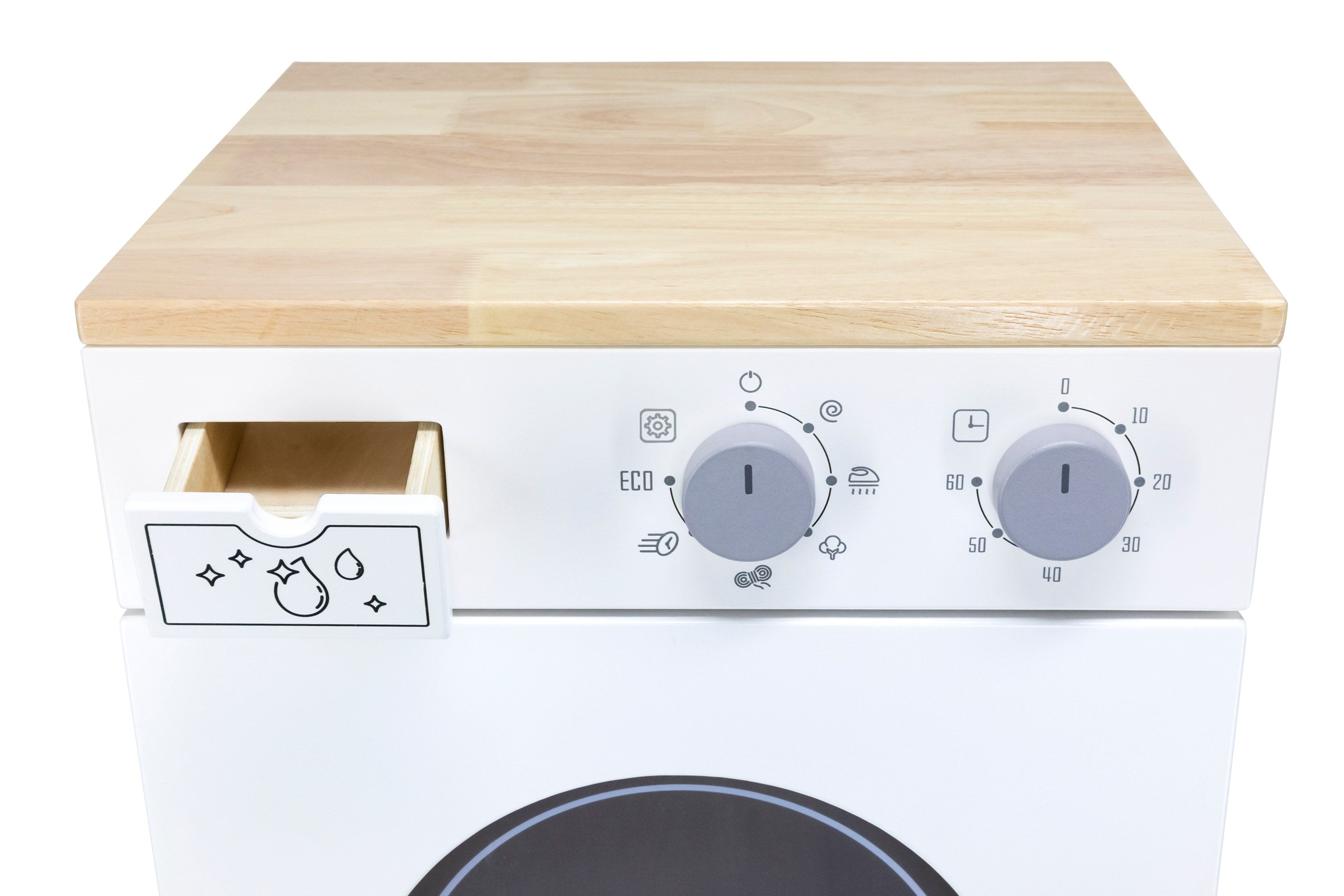Viga Modern White Wooden Play Washing Machine - Rubberwood Unit with Detergent