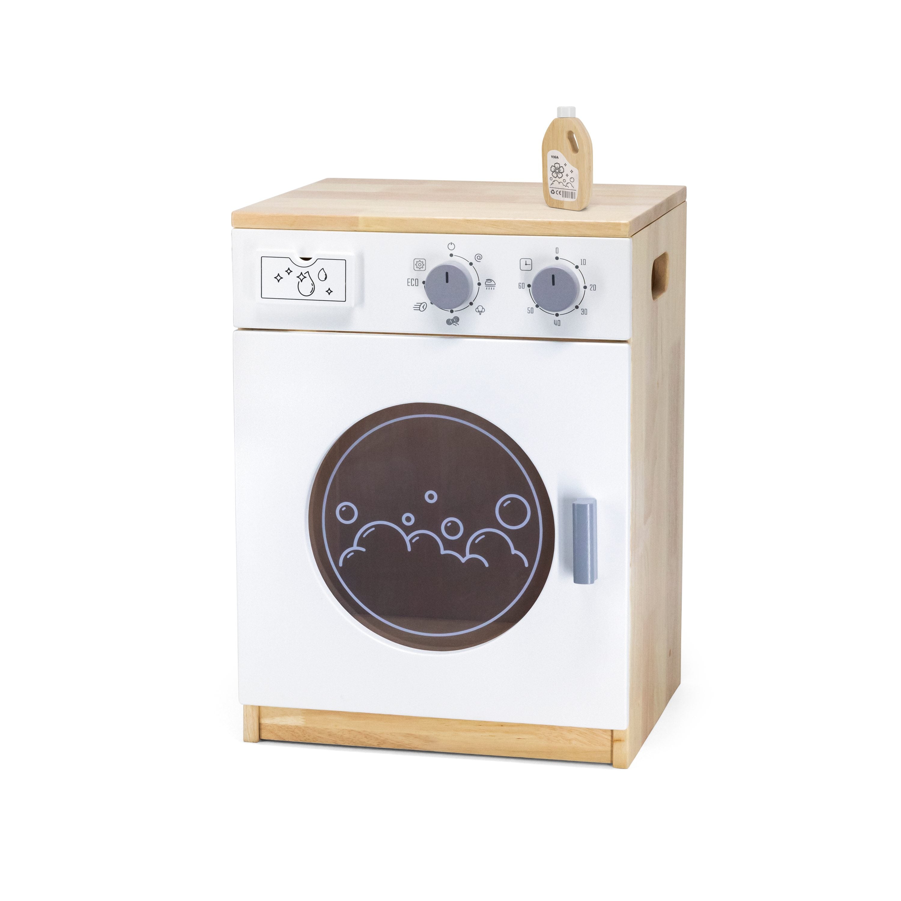 Viga Modern White Wooden Play Washing Machine - Rubberwood Unit with Detergent