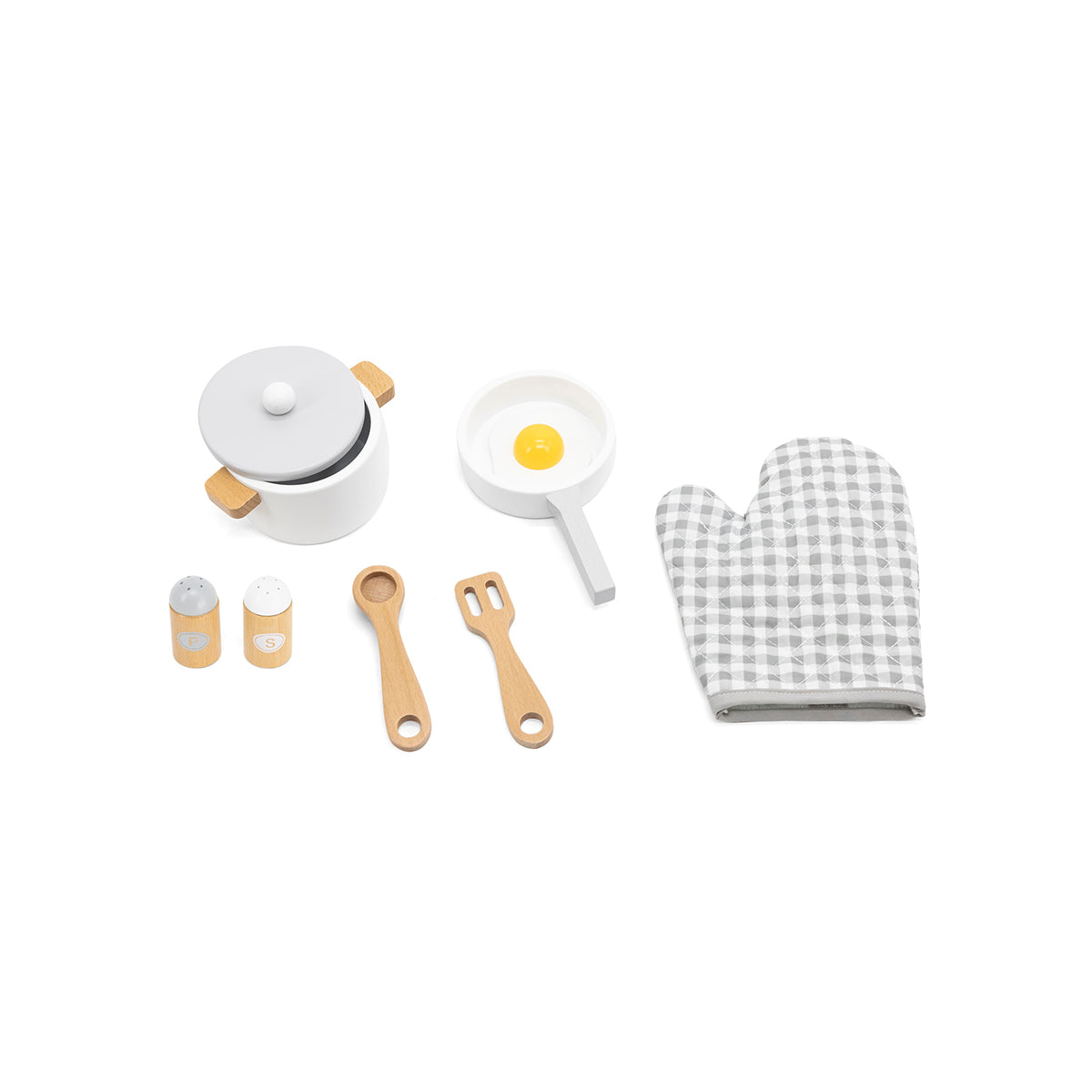 Viga 8-Piece Grey Wooden Kitchen Accessories Set - Modern Montessori Play Cookware