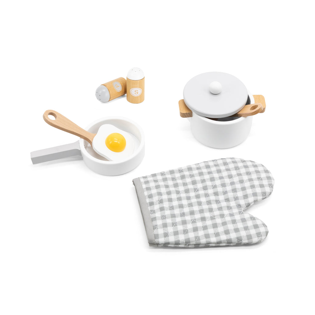 Viga 8-Piece Grey Wooden Kitchen Accessories Set - Modern Montessori Play Cookware