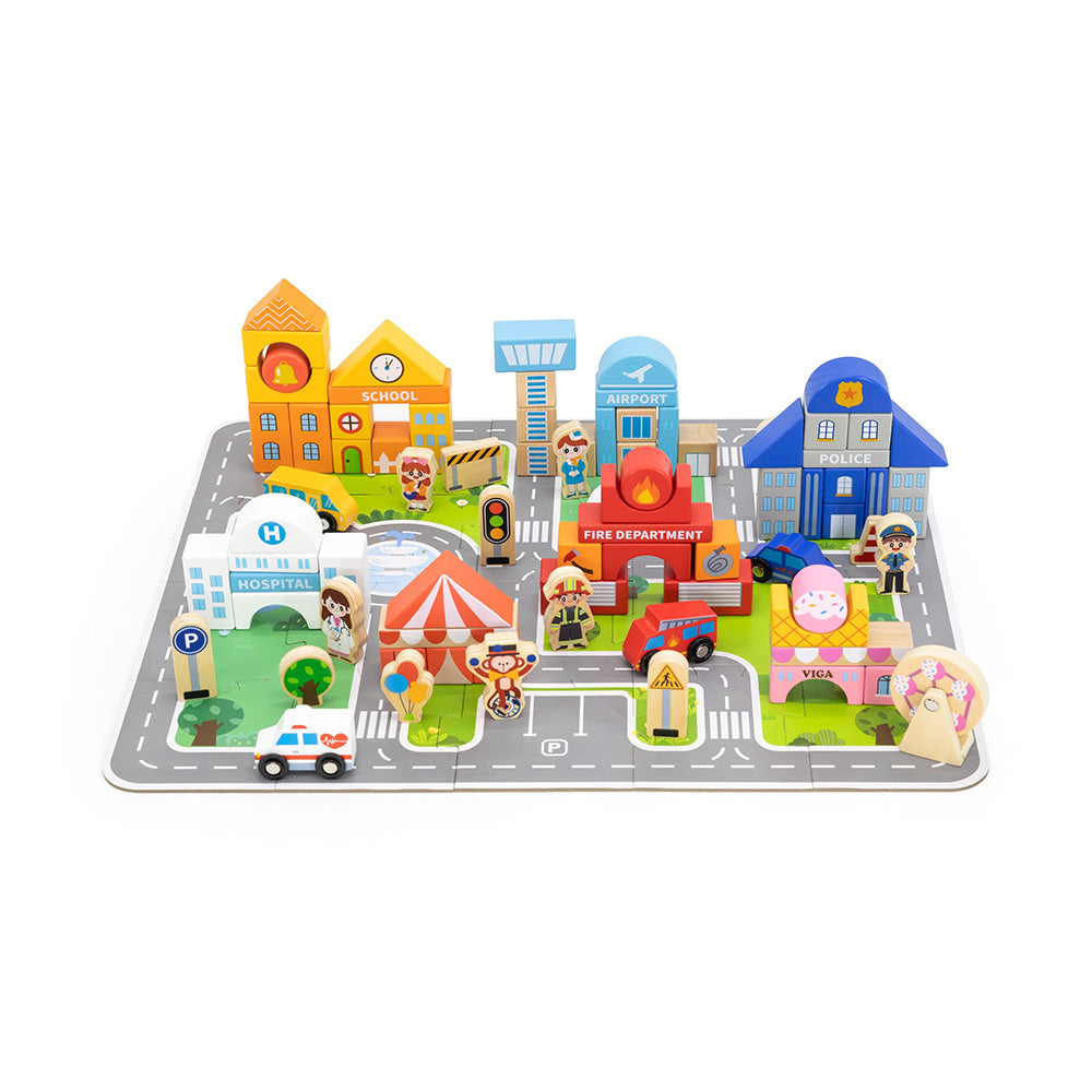 Viga 100-Piece Wooden City Block Set with Floor Puzzle & Storage Bucket