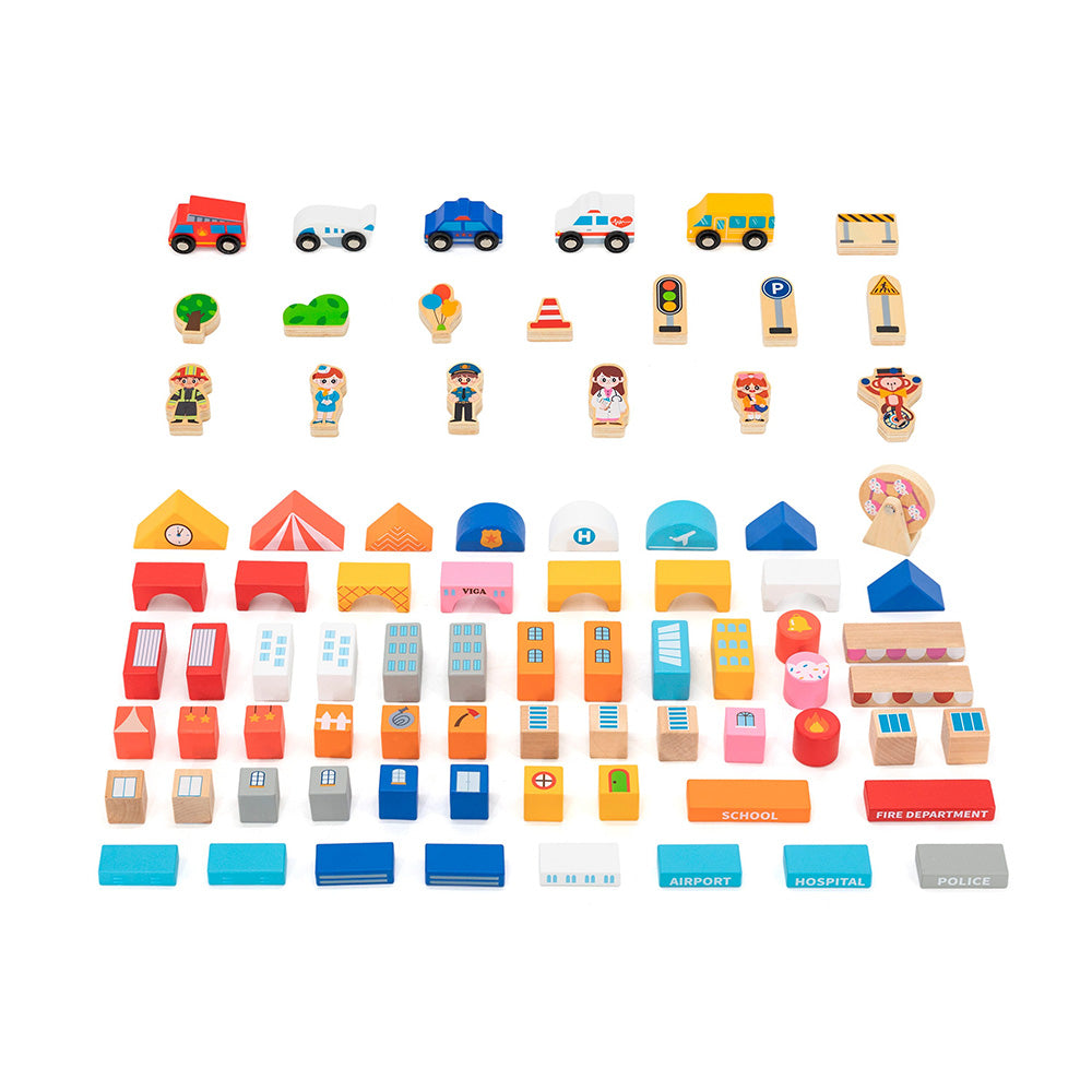 Viga 100-Piece Wooden City Block Set with Floor Puzzle & Storage Bucket