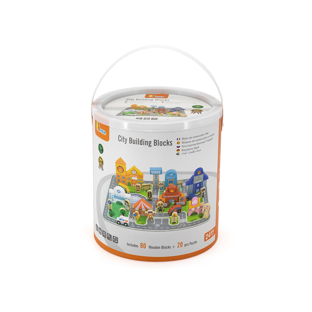 Viga 100-Piece Wooden City Block Set with Floor Puzzle & Storage Bucket