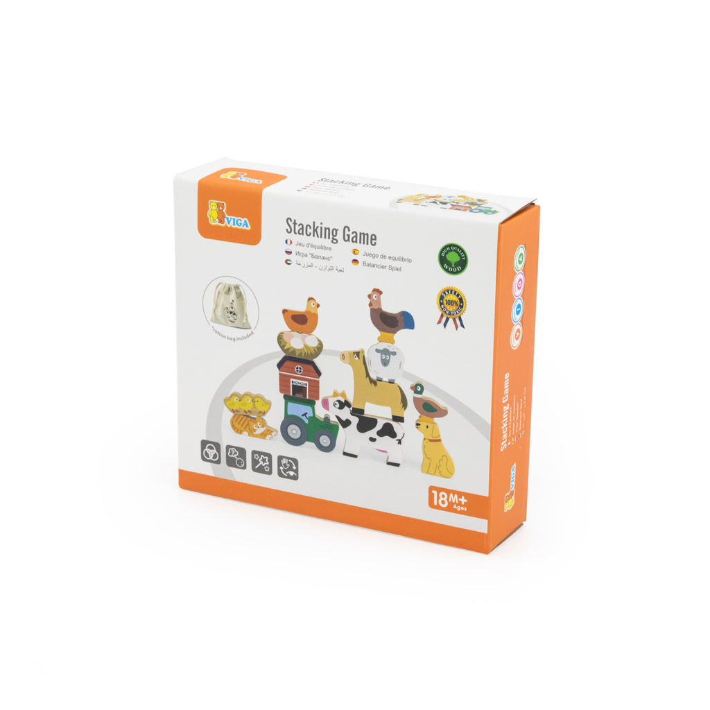 Viga Wooden Farm Animal Balancing & Stacking Set - 12pc Beechwood Set with Cotton Bag