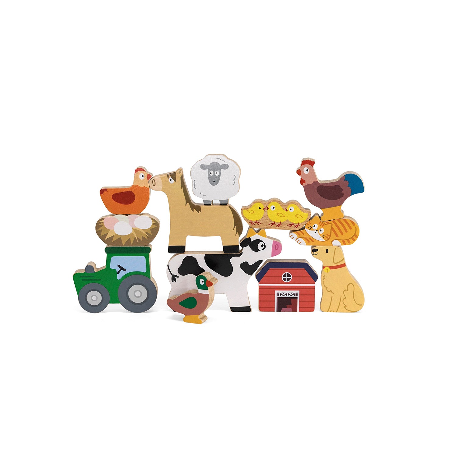 Viga Wooden Farm Animal Balancing & Stacking Set - 12pc Beechwood Set with Cotton Bag