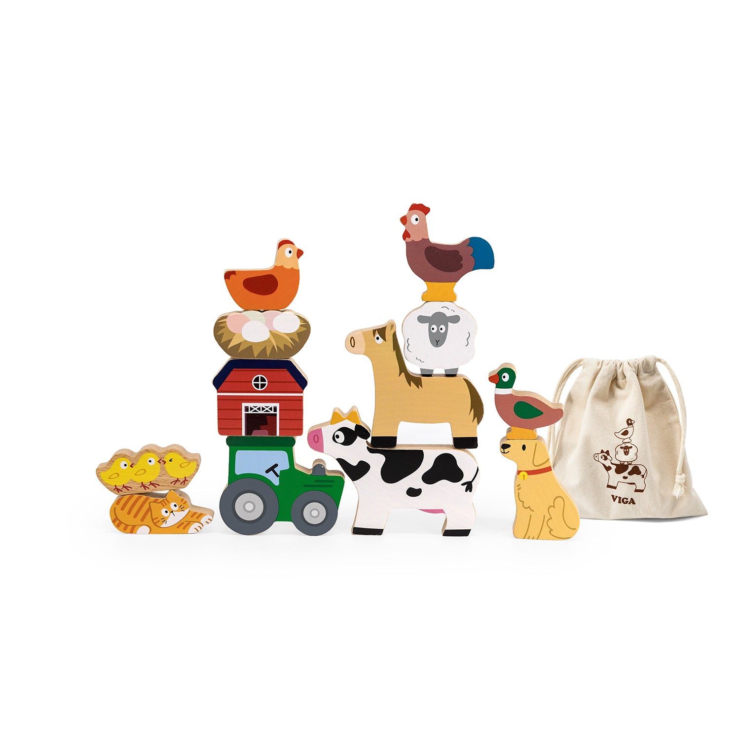 Viga Wooden Farm Animal Balancing & Stacking Set - 12pc Beechwood Set with Cotton Bag