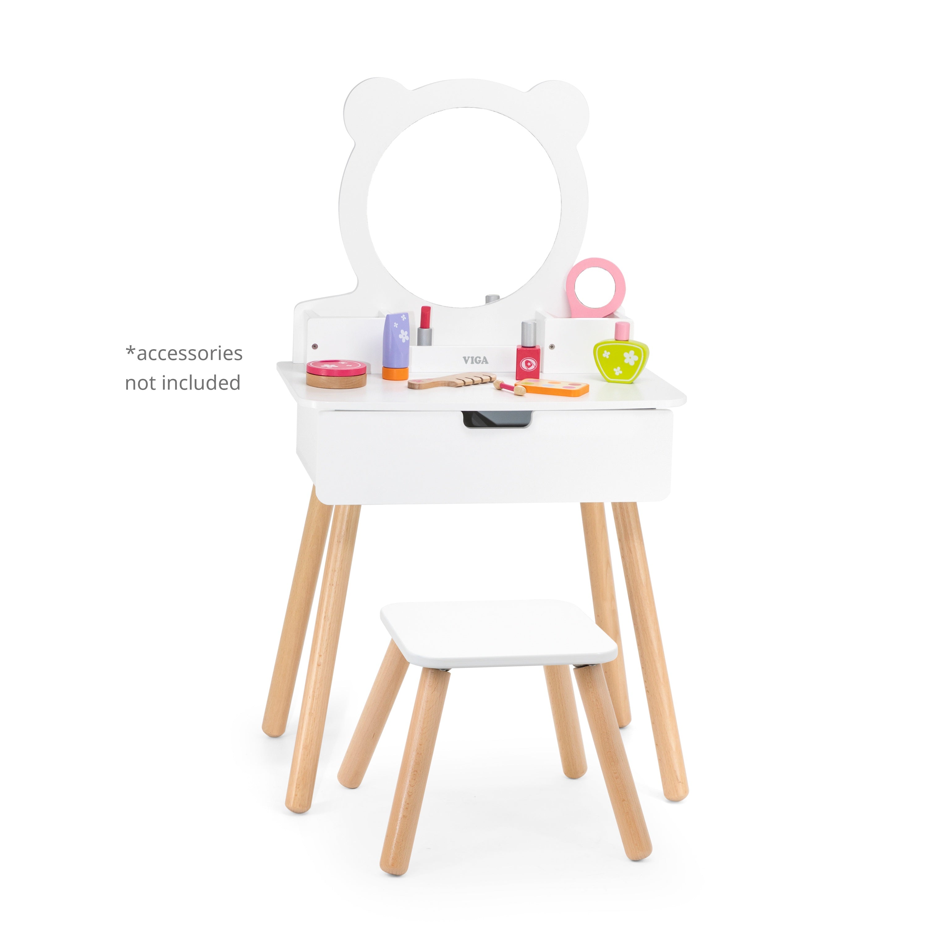 Viga Modern White Wooden Vanity Table & Stool Set - Minimalist Role Play Center