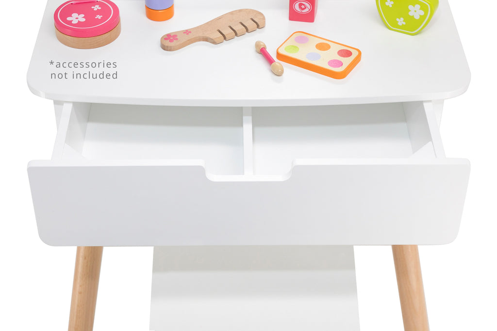 Viga Modern White Wooden Vanity Table & Stool Set - Minimalist Role Play Center
