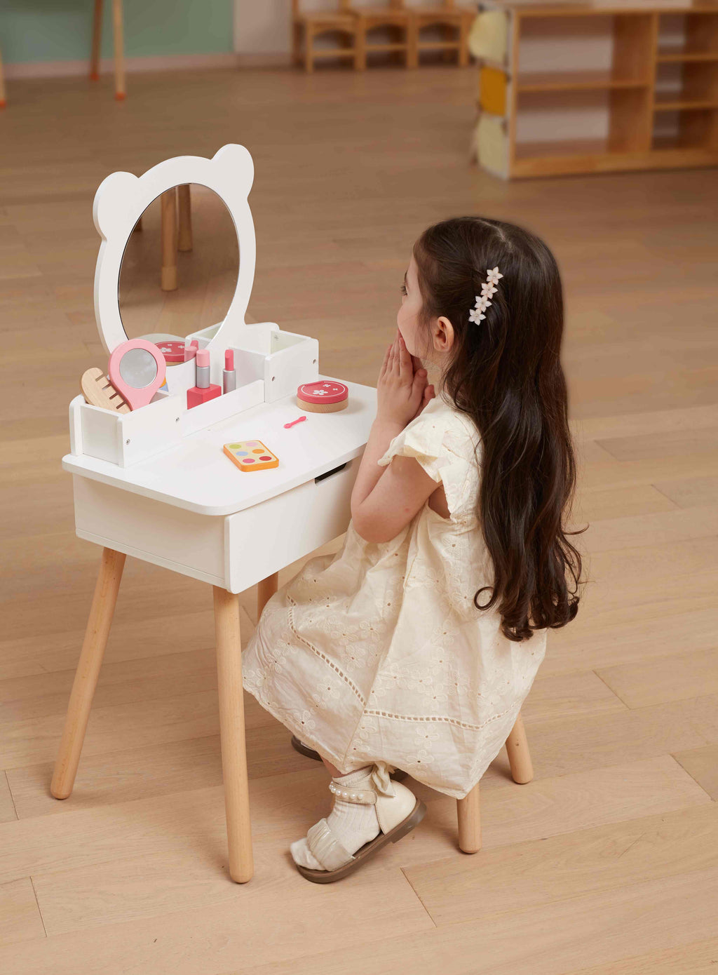 Viga Modern White Wooden Vanity Table & Stool Set - Minimalist Role Play Center