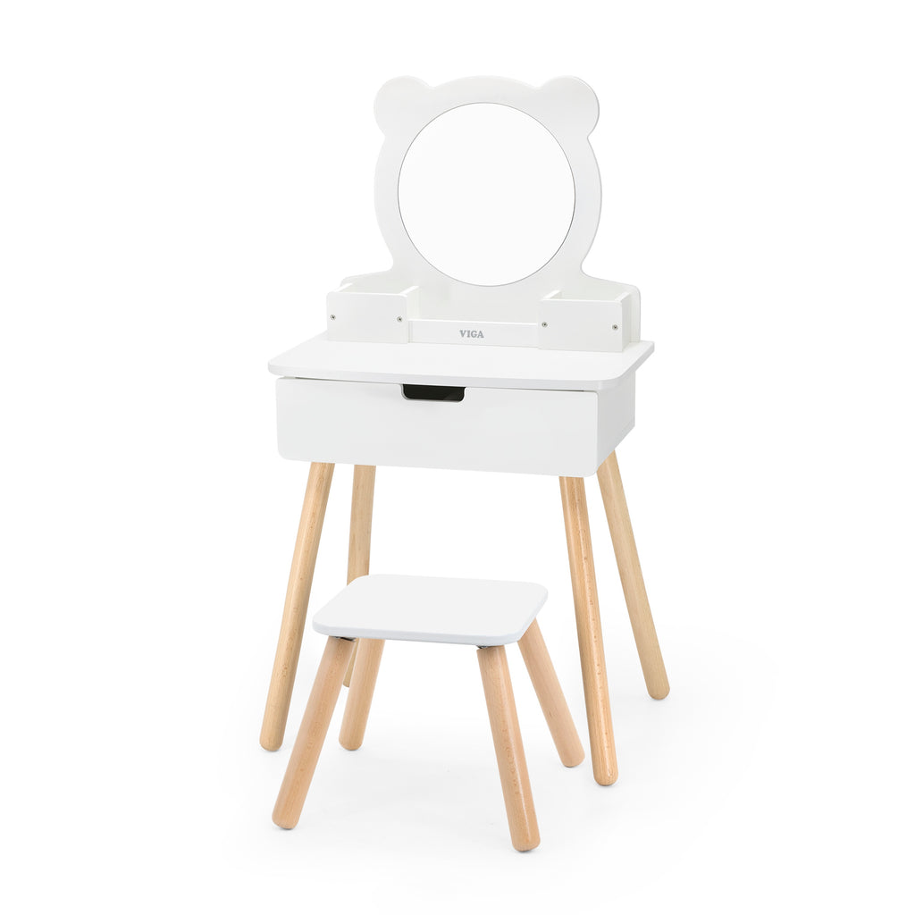 Viga Modern White Wooden Vanity Table & Stool Set - Minimalist Role Play Center