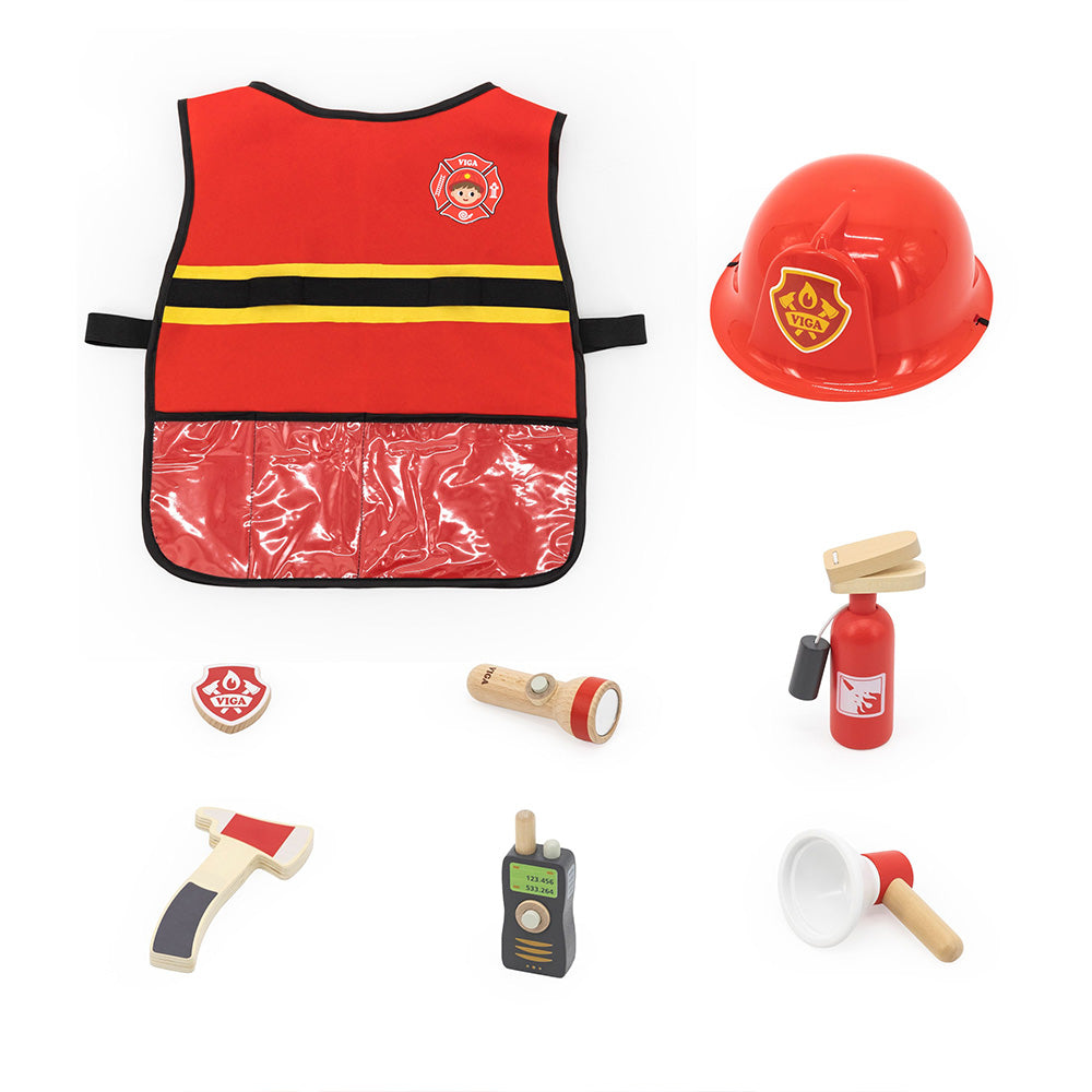 Viga 8-Piece Deluxe Wooden Firefighter Role-Play Set - Hero Essentials with Vest