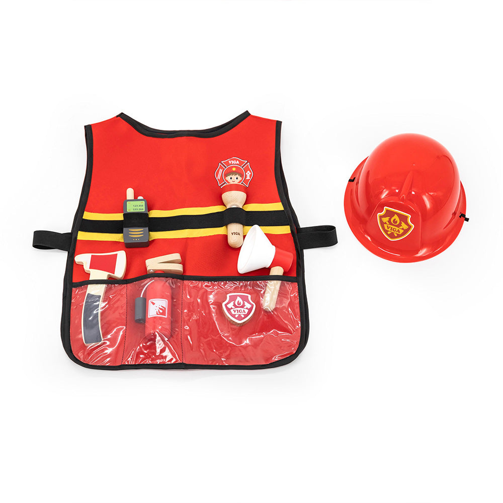 Viga 8-Piece Deluxe Wooden Firefighter Role-Play Set - Hero Essentials with Vest