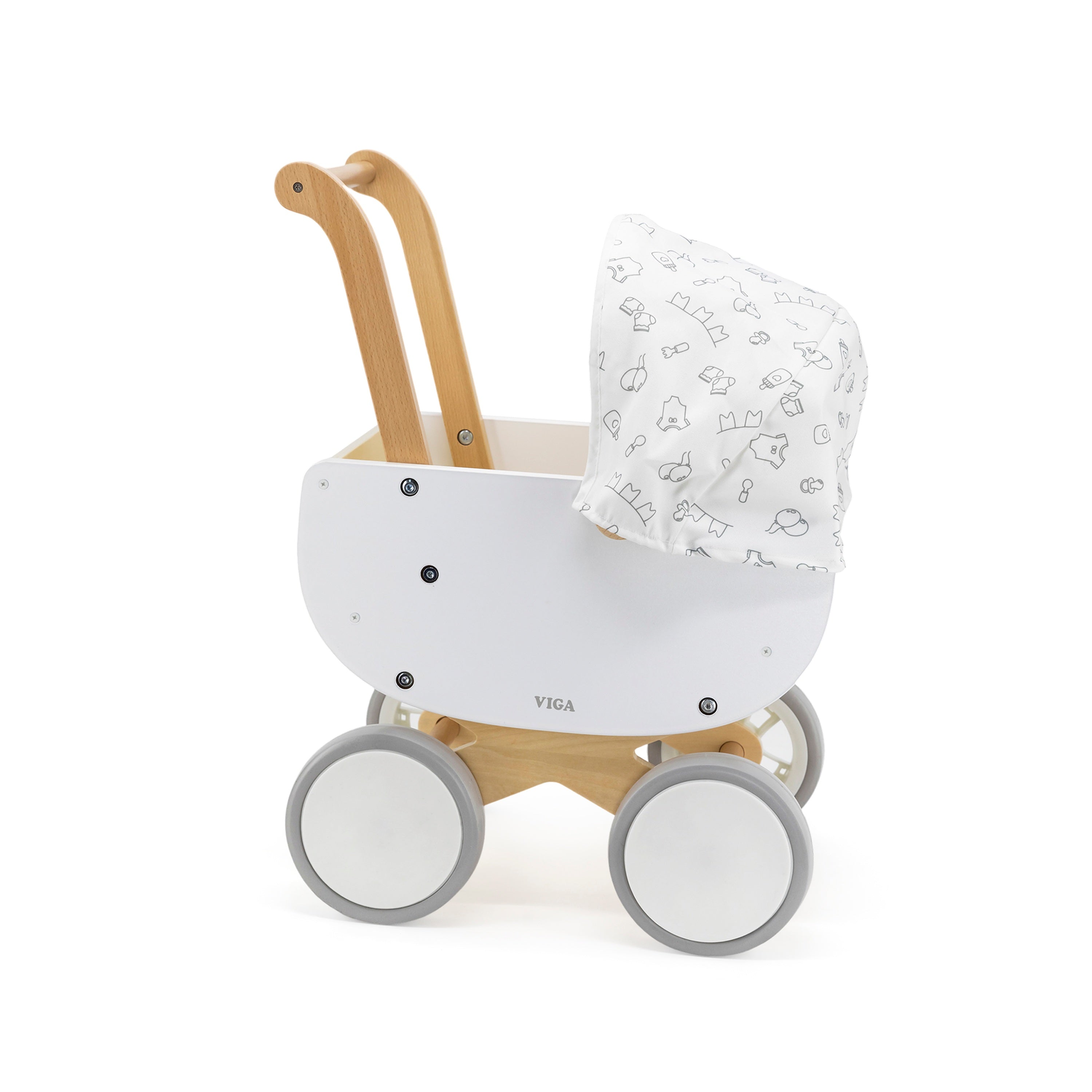 Viga Modern White Wooden Doll Pram - Silent EVA Wheels & Removable Fabric Hood