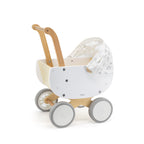 Viga Modern White Wooden Doll Pram - Silent EVA Wheels & Removable Fabric Hood