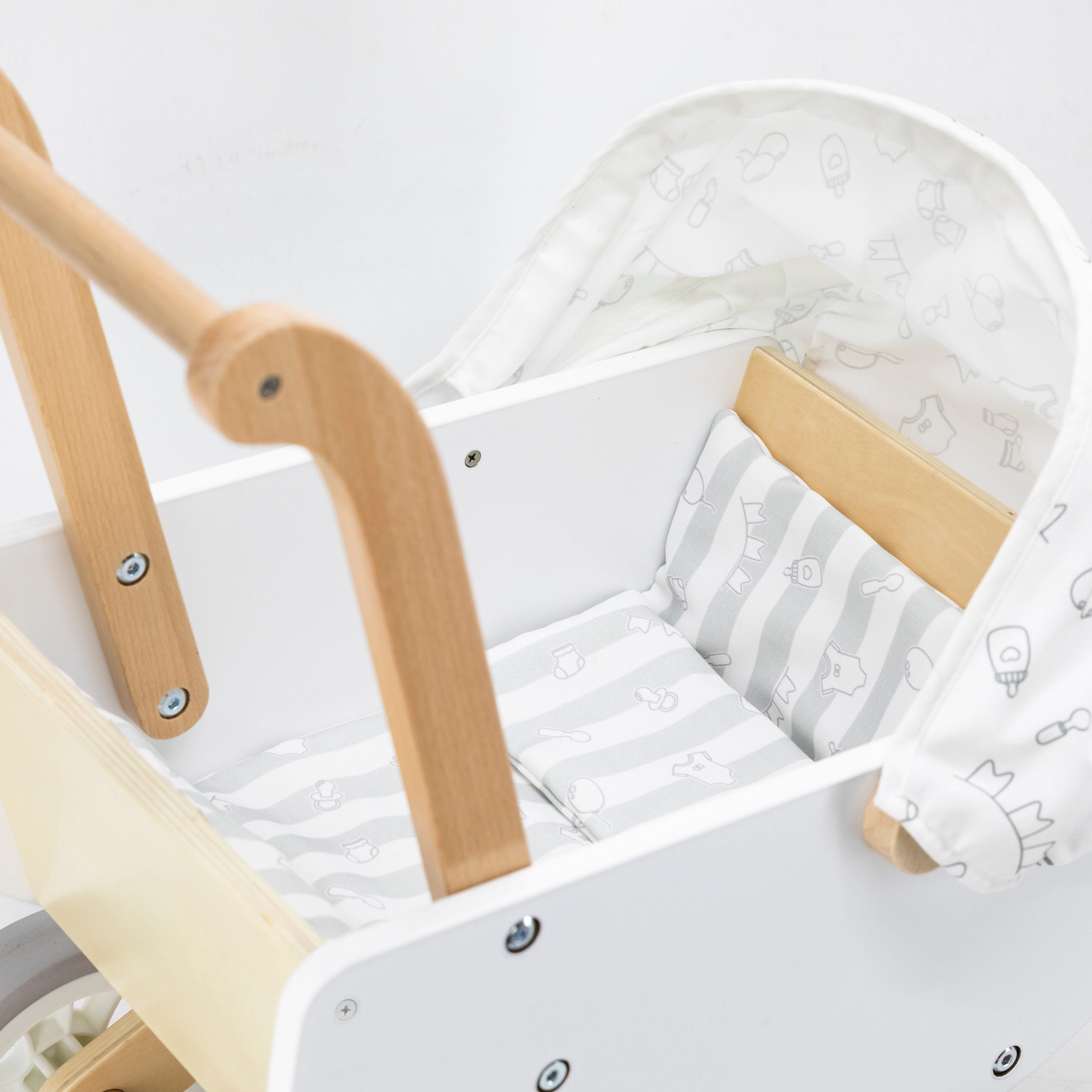 Viga Modern White Wooden Doll Pram - Silent EVA Wheels & Removable Fabric Hood