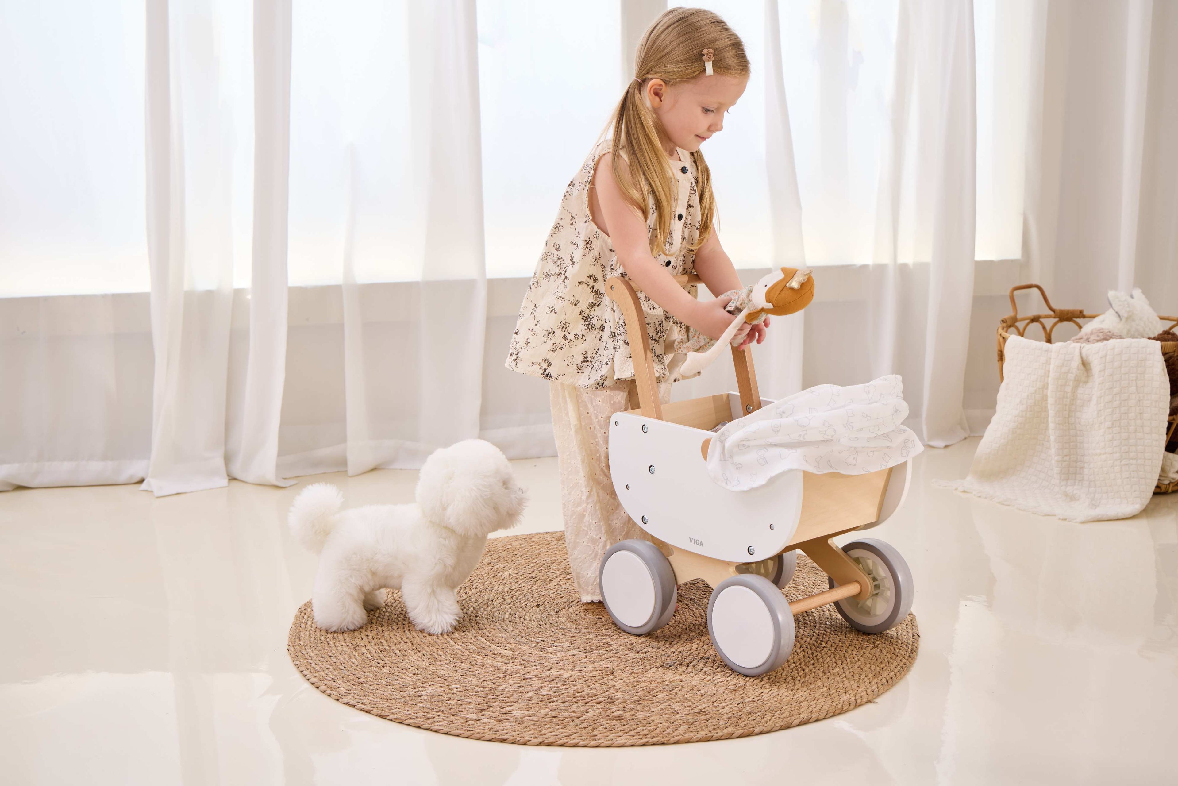 Viga Modern White Wooden Doll Pram - Silent EVA Wheels & Removable Fabric Hood