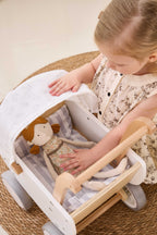 Viga Modern White Wooden Doll Pram - Silent EVA Wheels & Removable Fabric Hood