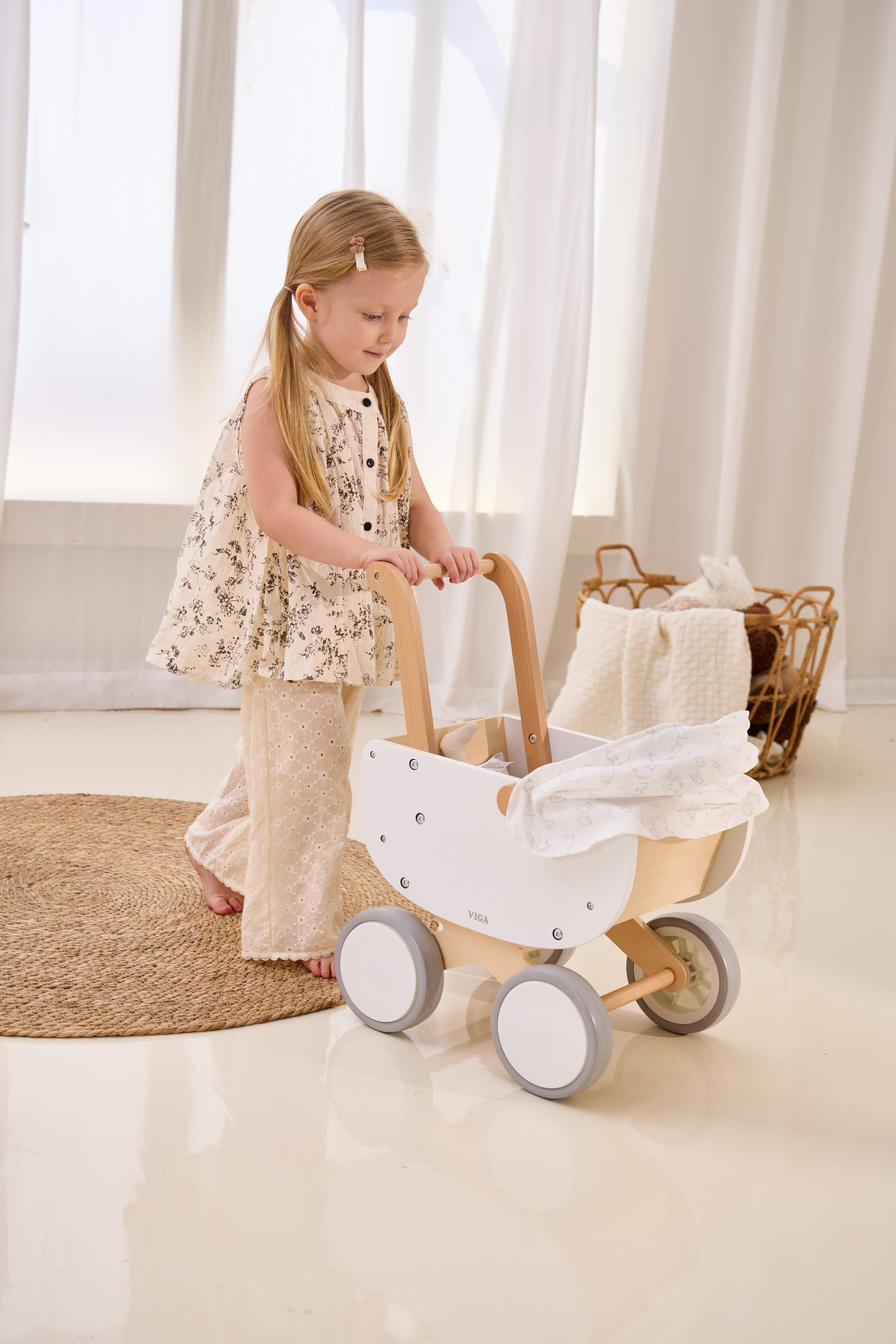 Viga Modern White Wooden Doll Pram - Silent EVA Wheels & Removable Fabric Hood
