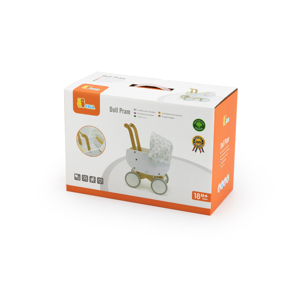 Viga Modern White Wooden Doll Pram - Silent EVA Wheels & Removable Fabric Hood