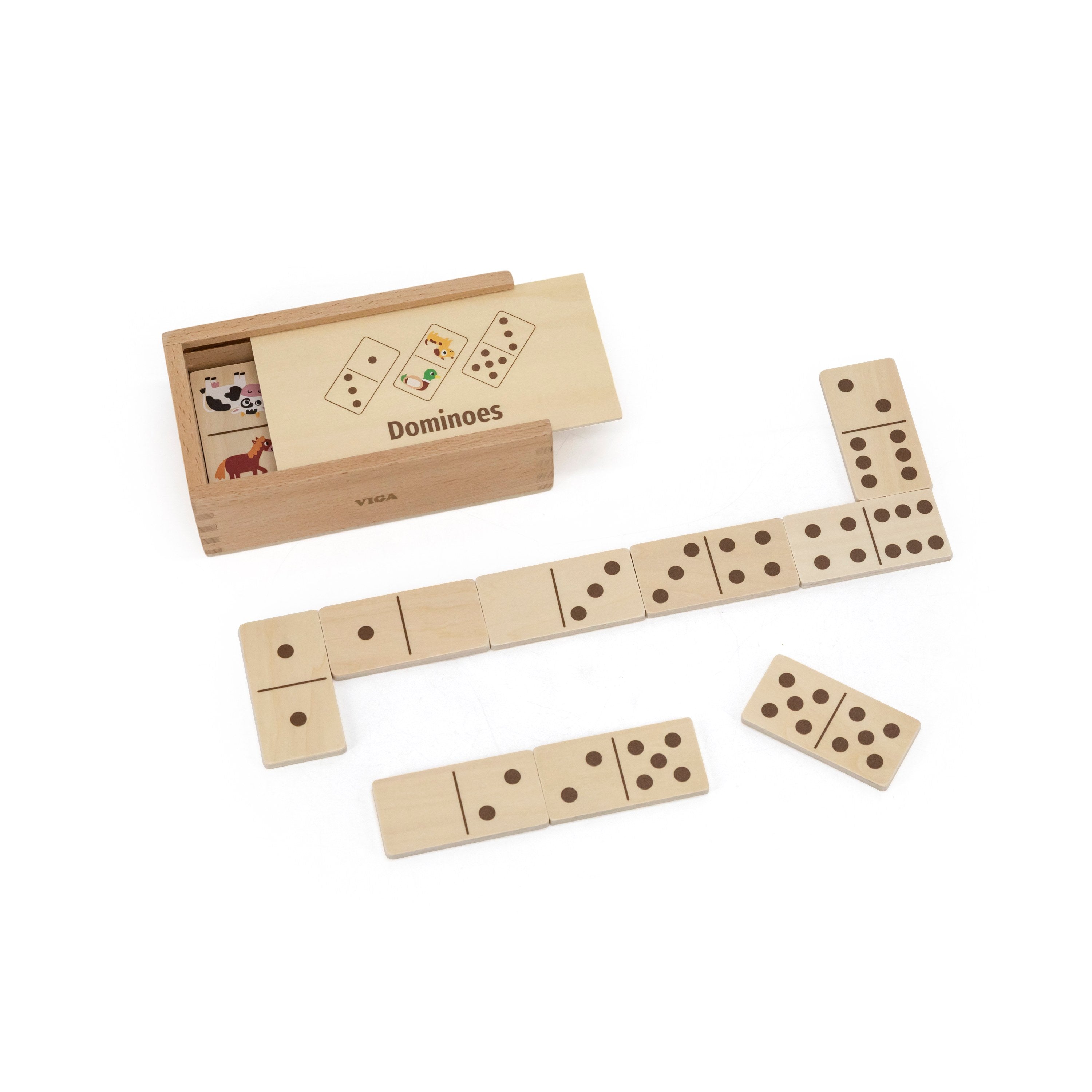 Viga Wooden Double-Sided Dominoes Set - Animal & Dots Matching Game with Beechwood Box