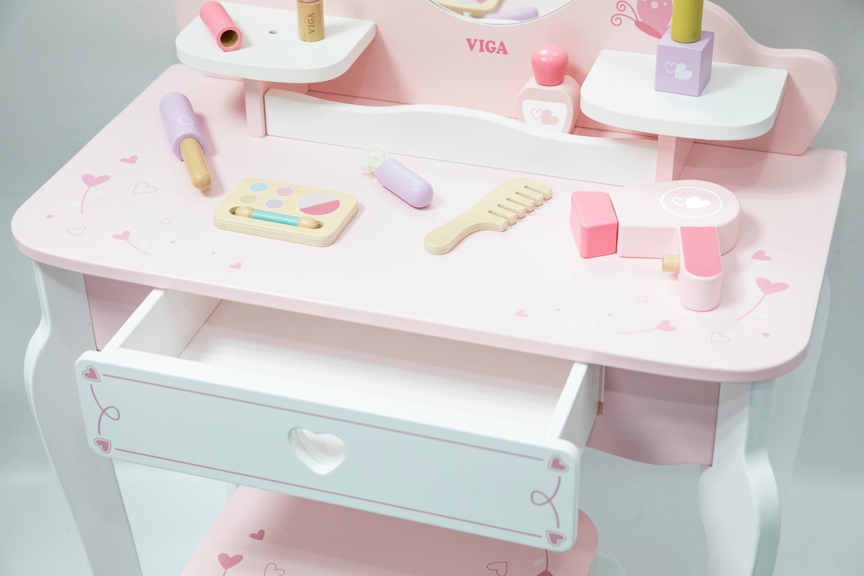 Viga Vintage Pink Wooden Vanity Table & Stool Set - 10-Piece Montessori Role Play Toy