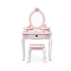 Viga Vintage Pink Wooden Vanity Table & Stool Set - 10-Piece Montessori Role Play Toy