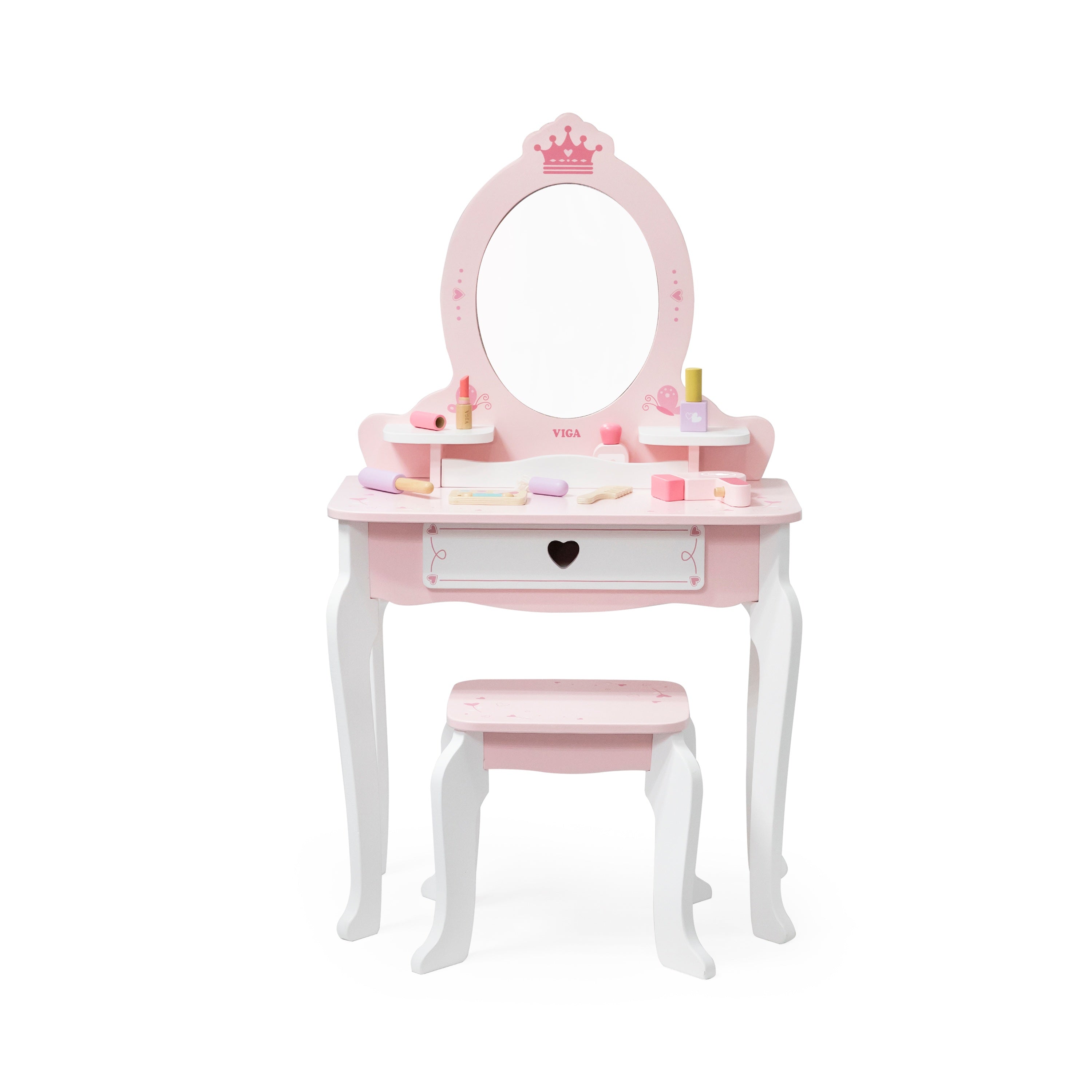 Viga Vintage Pink Wooden Vanity Table & Stool Set - 10-Piece Montessori Role Play Toy