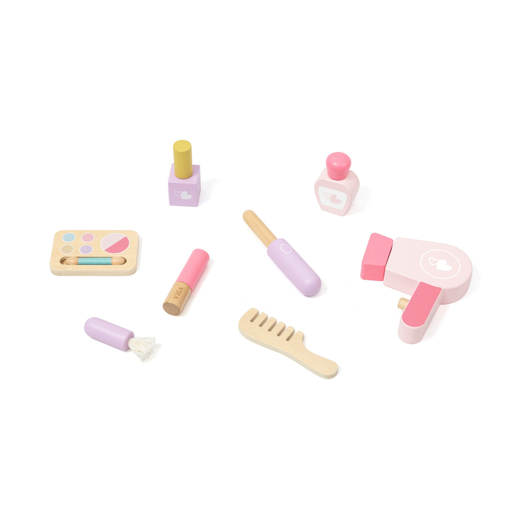 Viga Vintage Pink Wooden Vanity Table & Stool Set - 10-Piece Montessori Role Play Toy