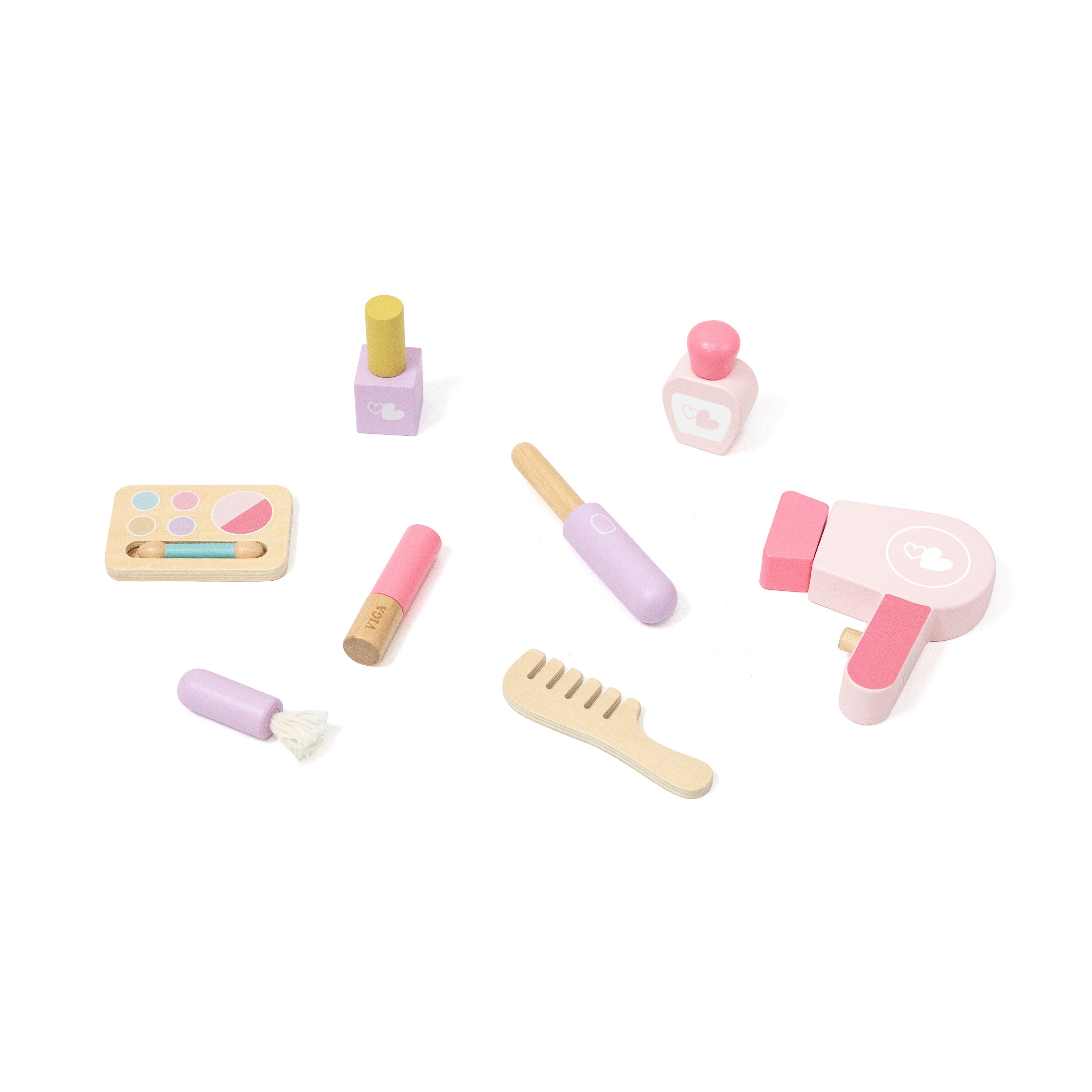 Viga Vintage Pink Wooden Vanity Table & Stool Set - 10-Piece Montessori Role Play Toy