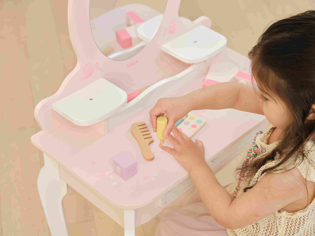 Viga Vintage Pink Wooden Vanity Table & Stool Set - 10-Piece Montessori Role Play Toy