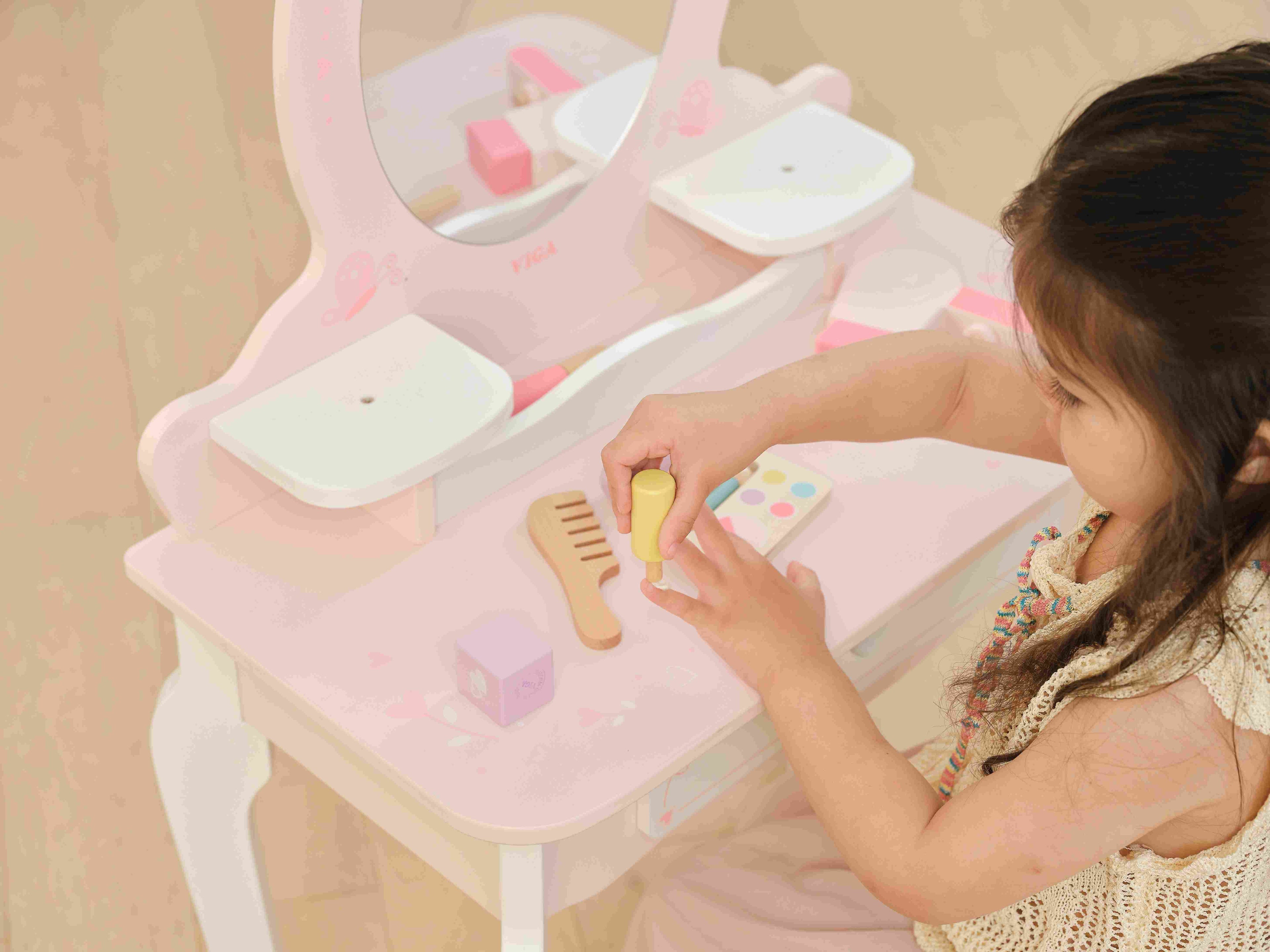 Viga Vintage Pink Wooden Vanity Table & Stool Set - 10-Piece Montessori Role Play Toy