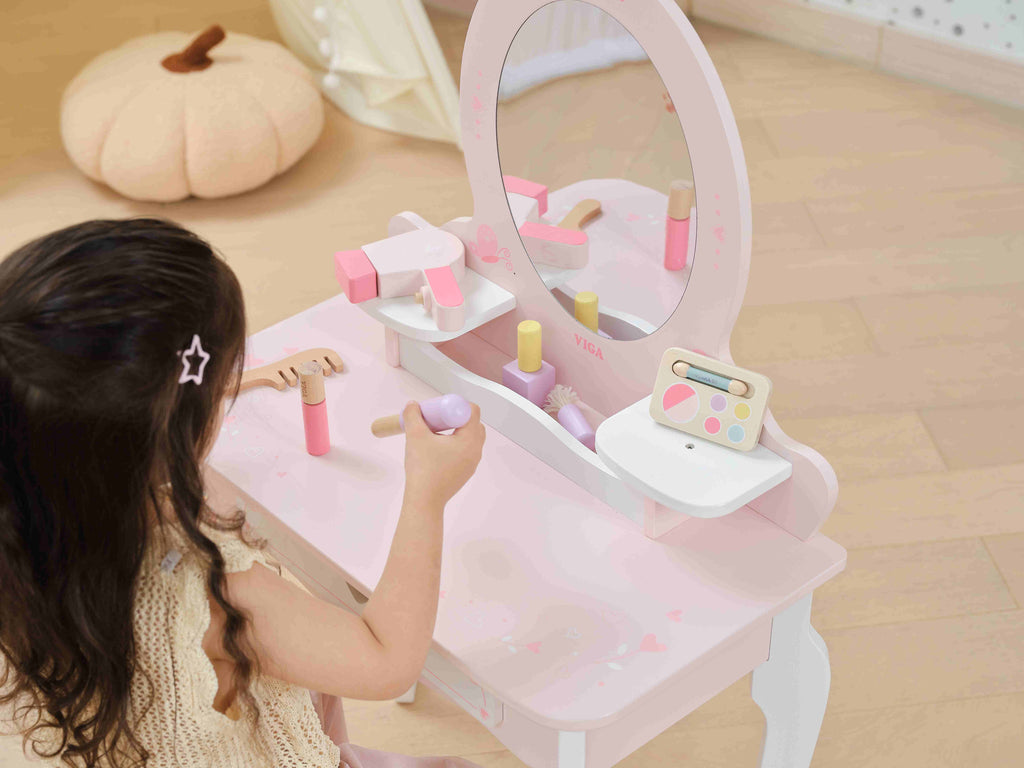 Viga Vintage Pink Wooden Vanity Table & Stool Set - 10-Piece Montessori Role Play Toy