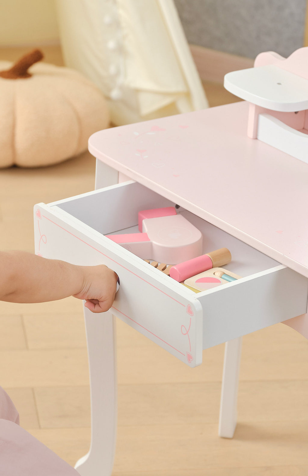 Viga Vintage Pink Wooden Vanity Table & Stool Set - 10-Piece Montessori Role Play Toy