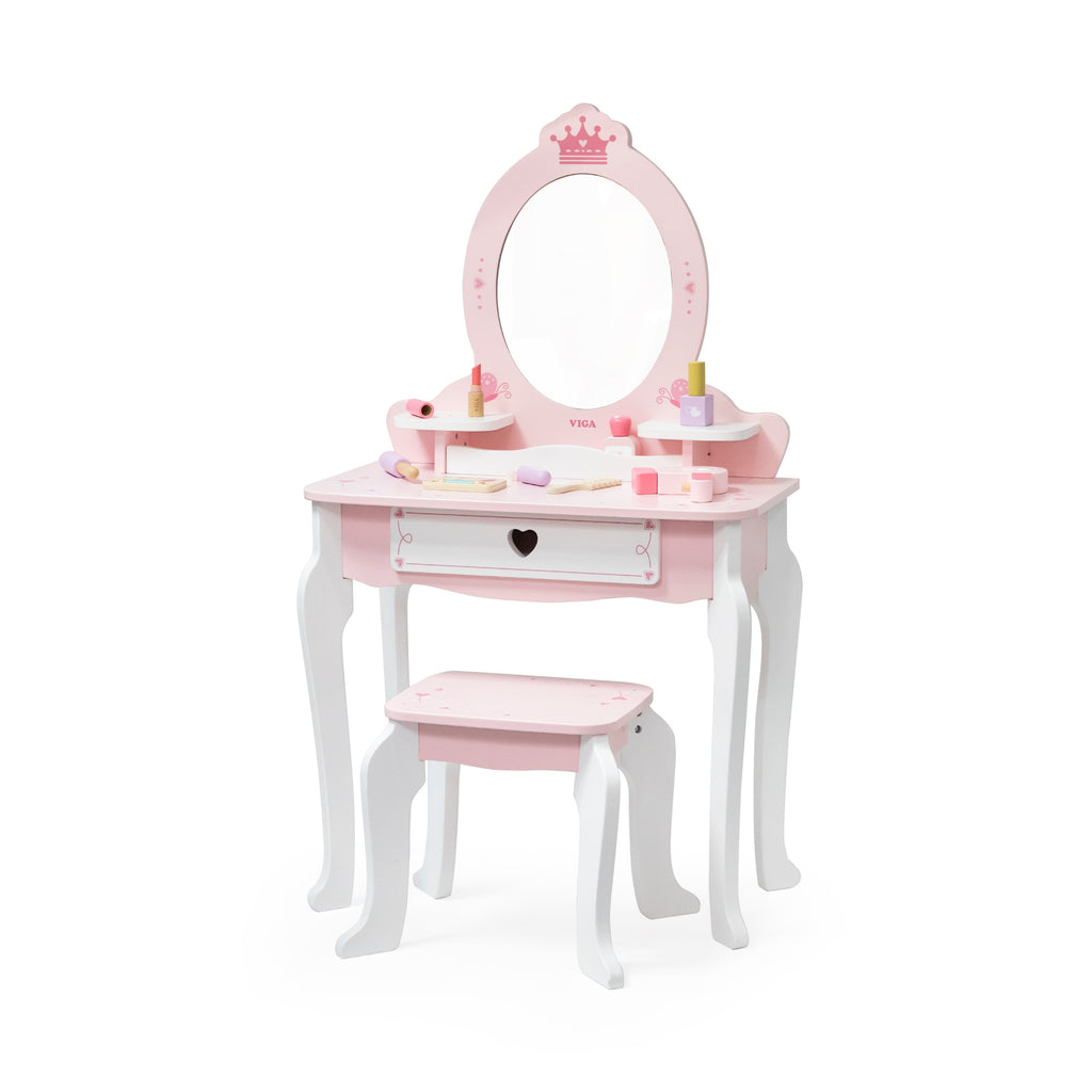 Viga Vintage Pink Wooden Vanity Table & Stool Set - 10-Piece Montessori Role Play Toy