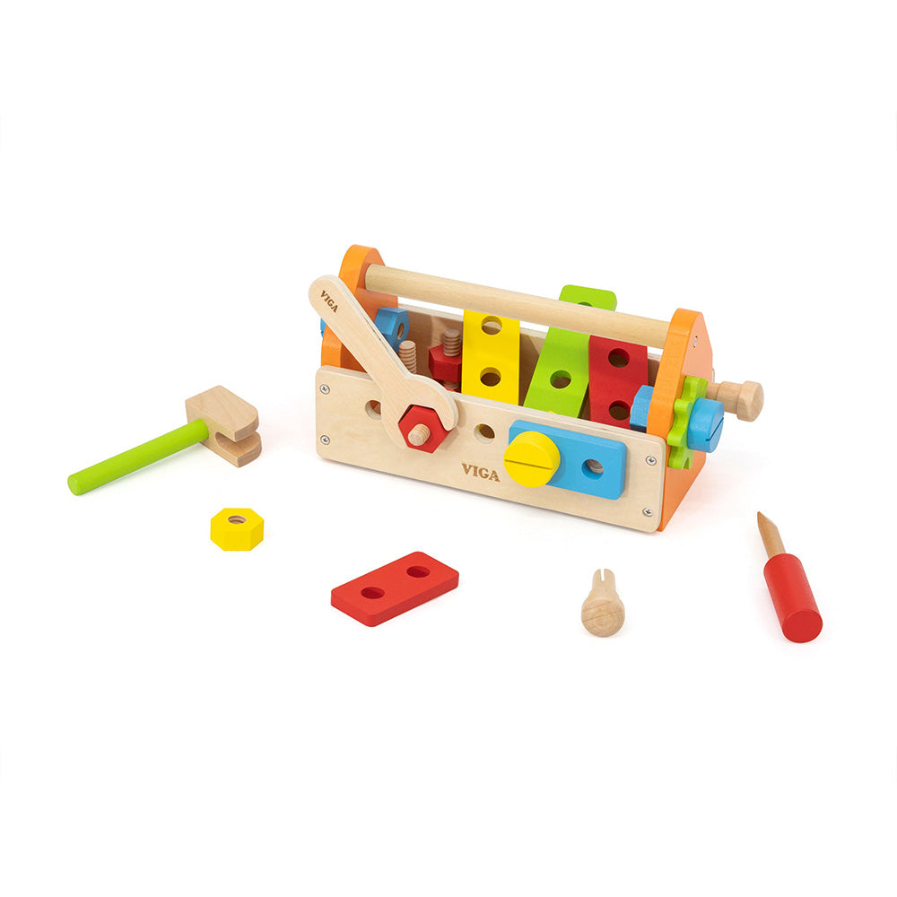 Viga 24-Piece Wooden Tool Basket - Portable Montessori Engineering Caddy