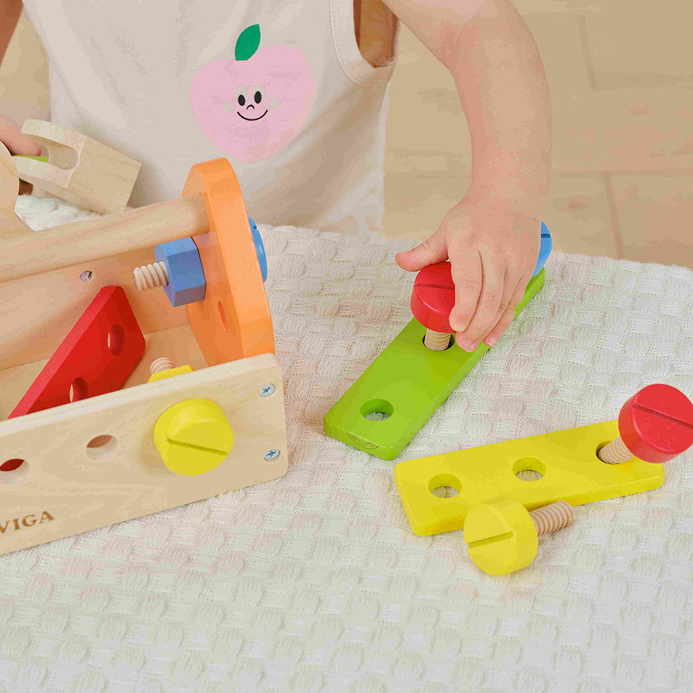 Viga 24-Piece Wooden Tool Basket - Portable Montessori Engineering Caddy