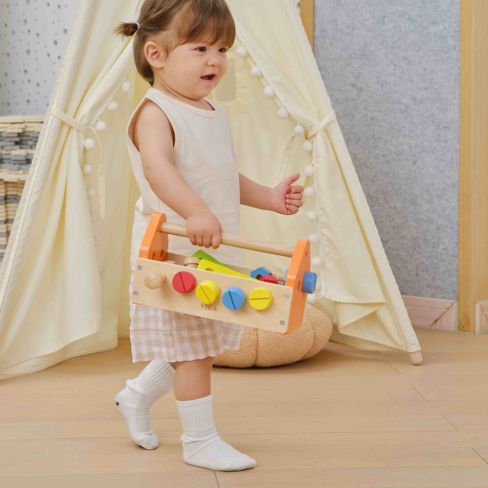 Viga 24-Piece Wooden Tool Basket - Portable Montessori Engineering Caddy