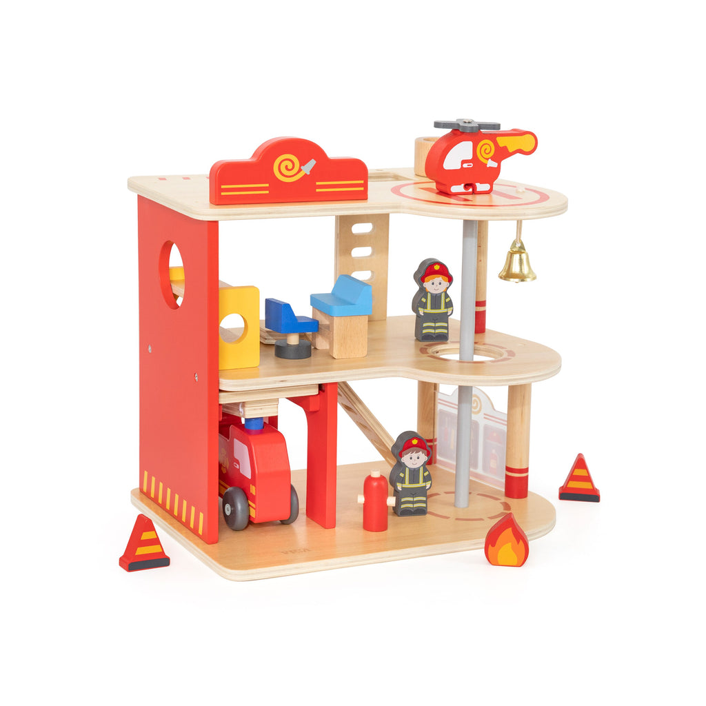 Viga 16-Piece Deluxe 2-Story Wooden Fire Station - Rescue Headquarters with Truck & Copter
