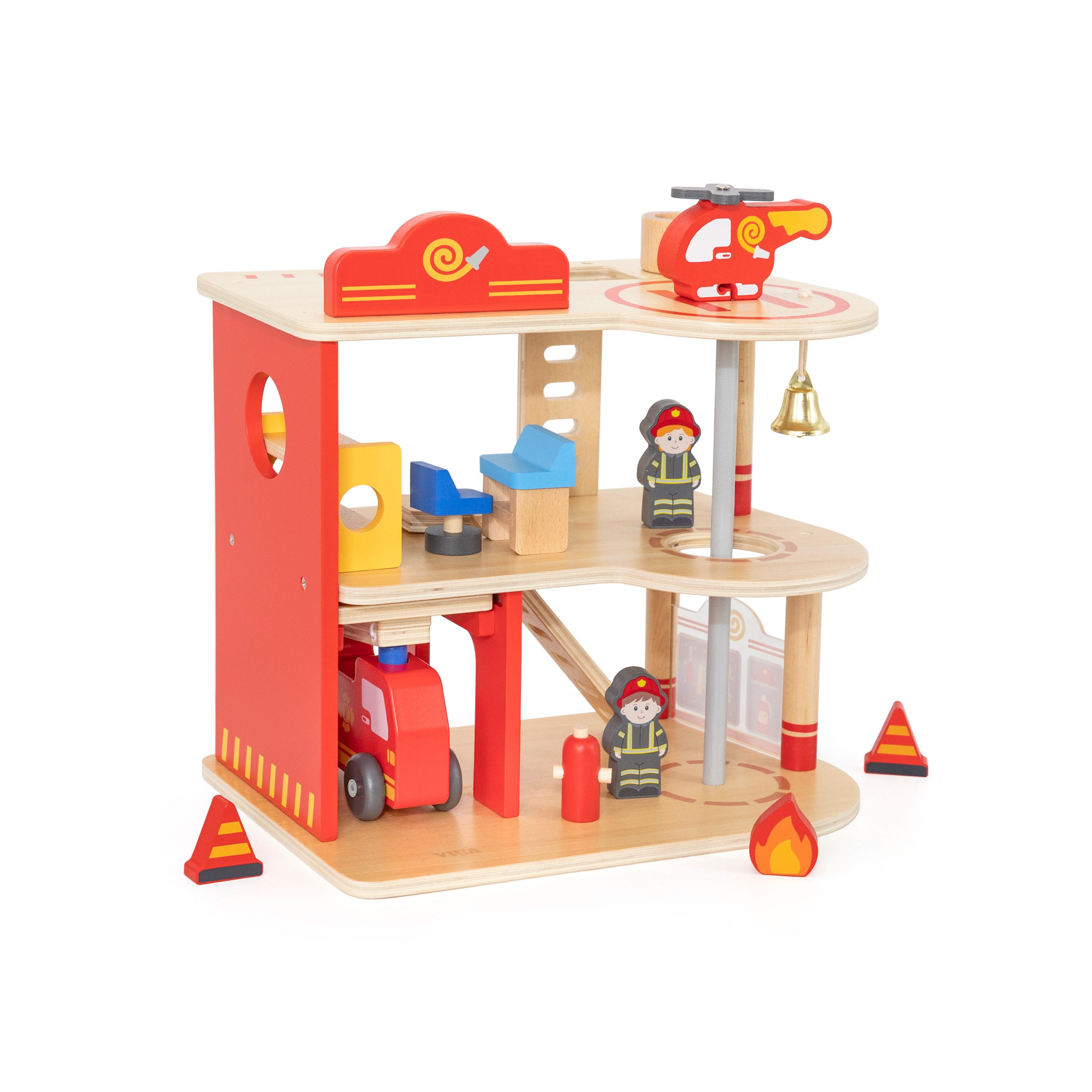 Viga 16-Piece Deluxe 2-Story Wooden Fire Station - Rescue Headquarters with Truck & Copter