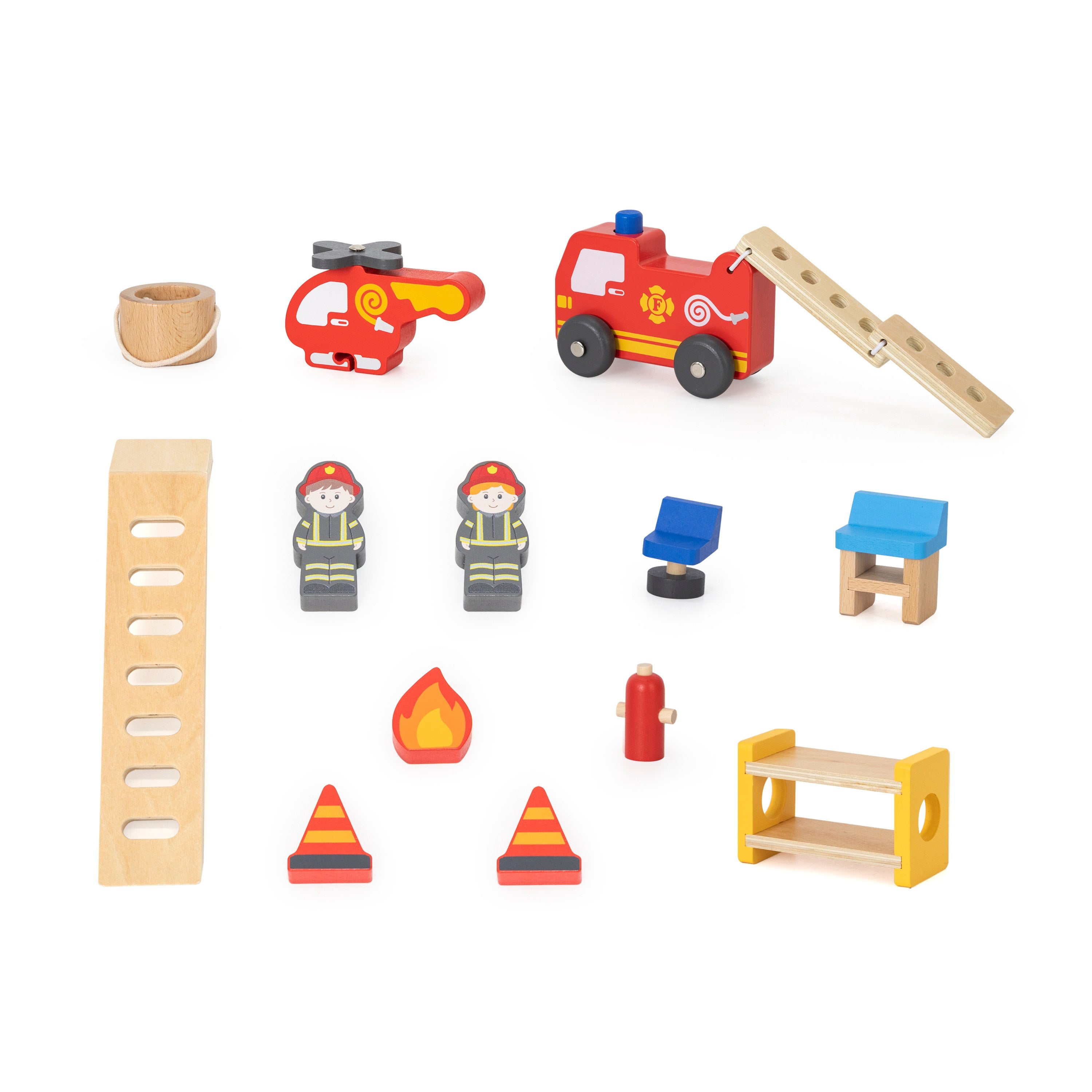 Viga 16-Piece Deluxe 2-Story Wooden Fire Station - Rescue Headquarters with Truck & Copter