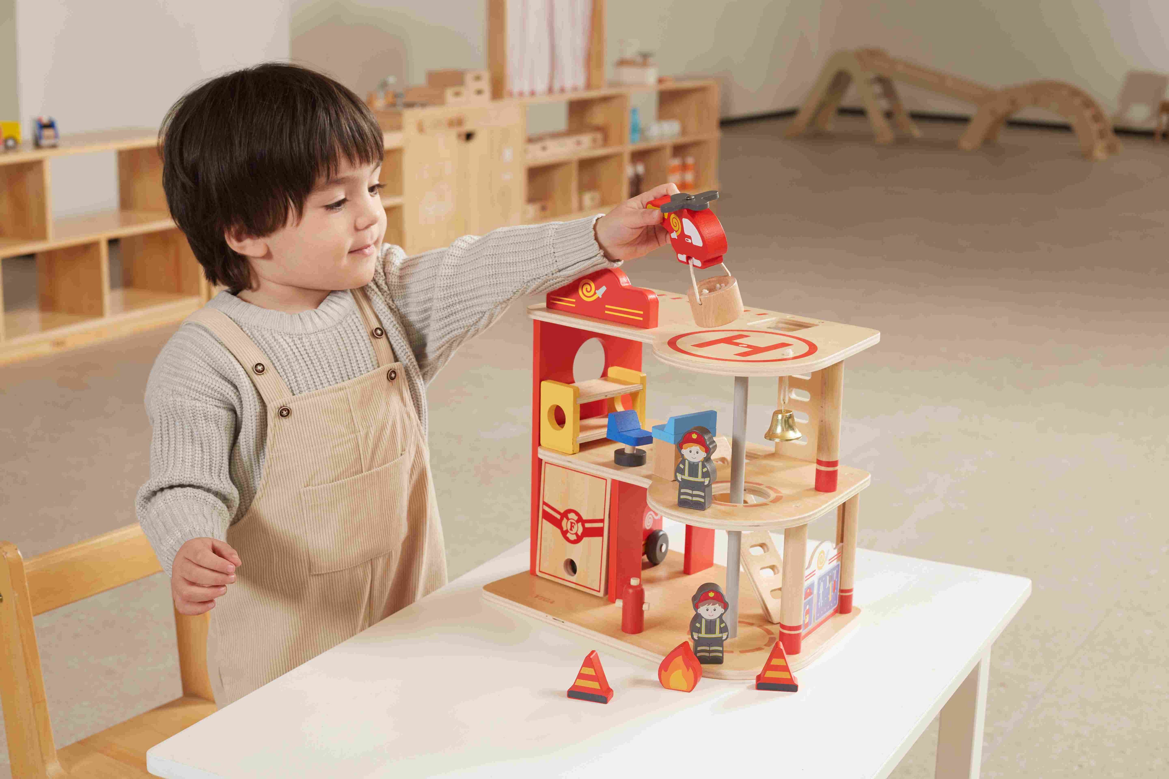 Viga 16-Piece Deluxe 2-Story Wooden Fire Station - Rescue Headquarters with Truck & Copter