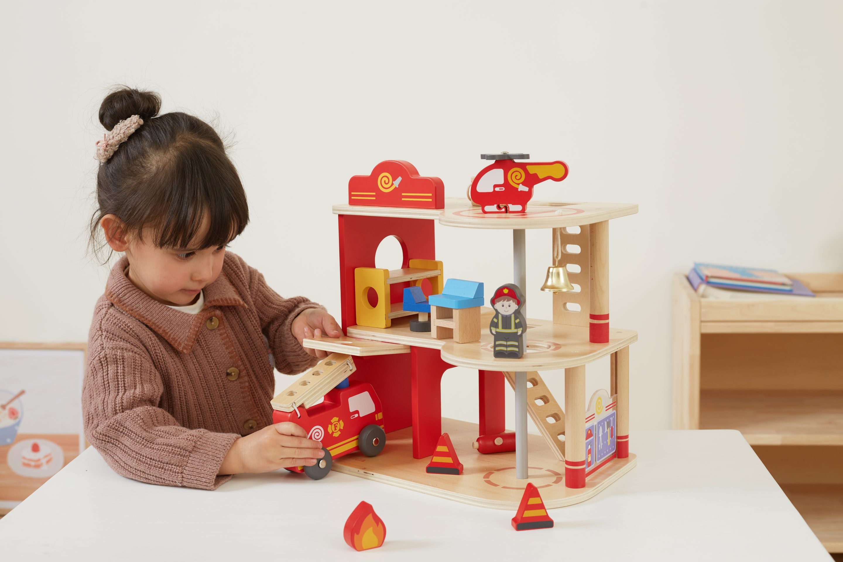 Viga 16-Piece Deluxe 2-Story Wooden Fire Station - Rescue Headquarters with Truck & Copter