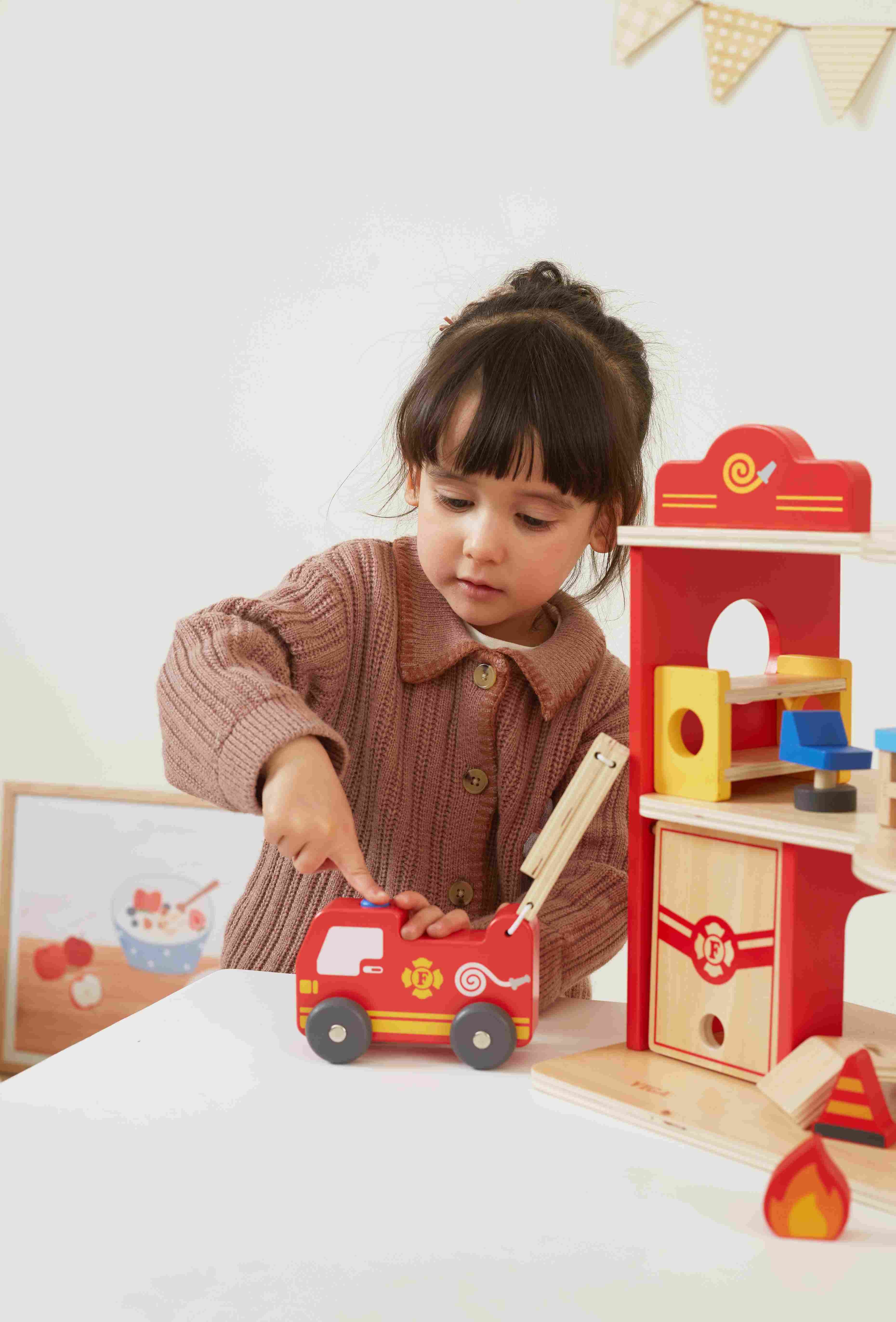 Viga 16-Piece Deluxe 2-Story Wooden Fire Station - Rescue Headquarters with Truck & Copter