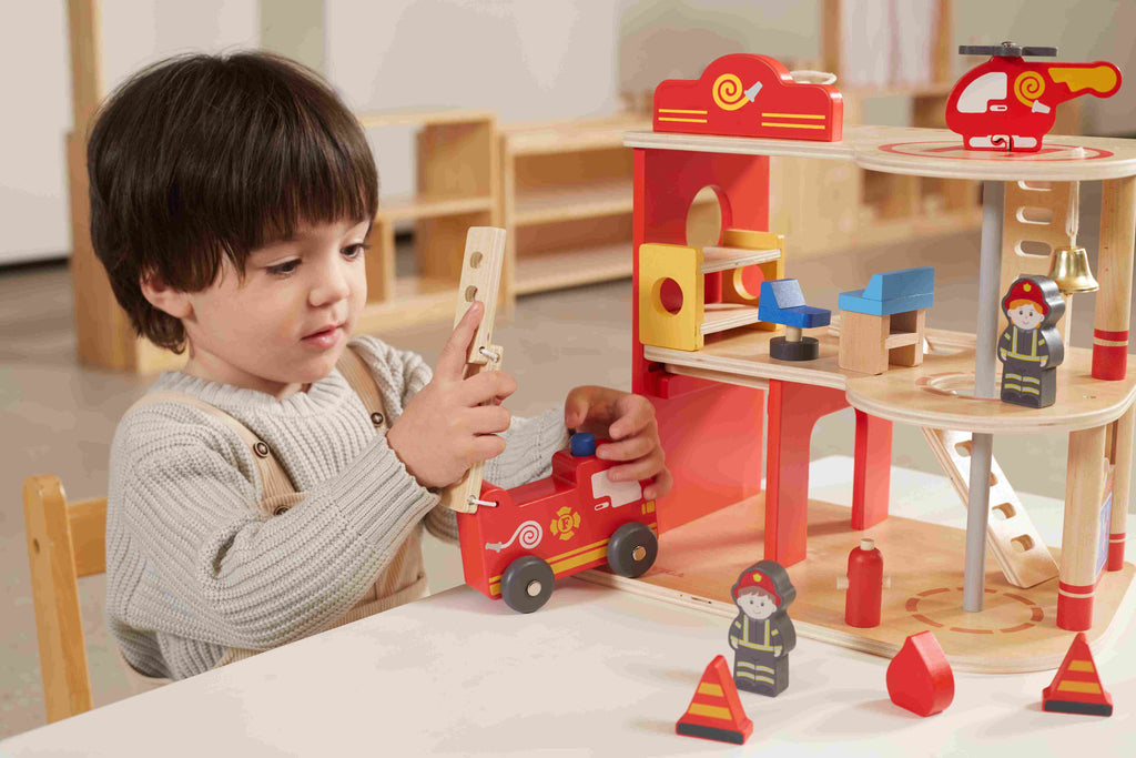 Viga 16-Piece Deluxe 2-Story Wooden Fire Station - Rescue Headquarters with Truck & Copter